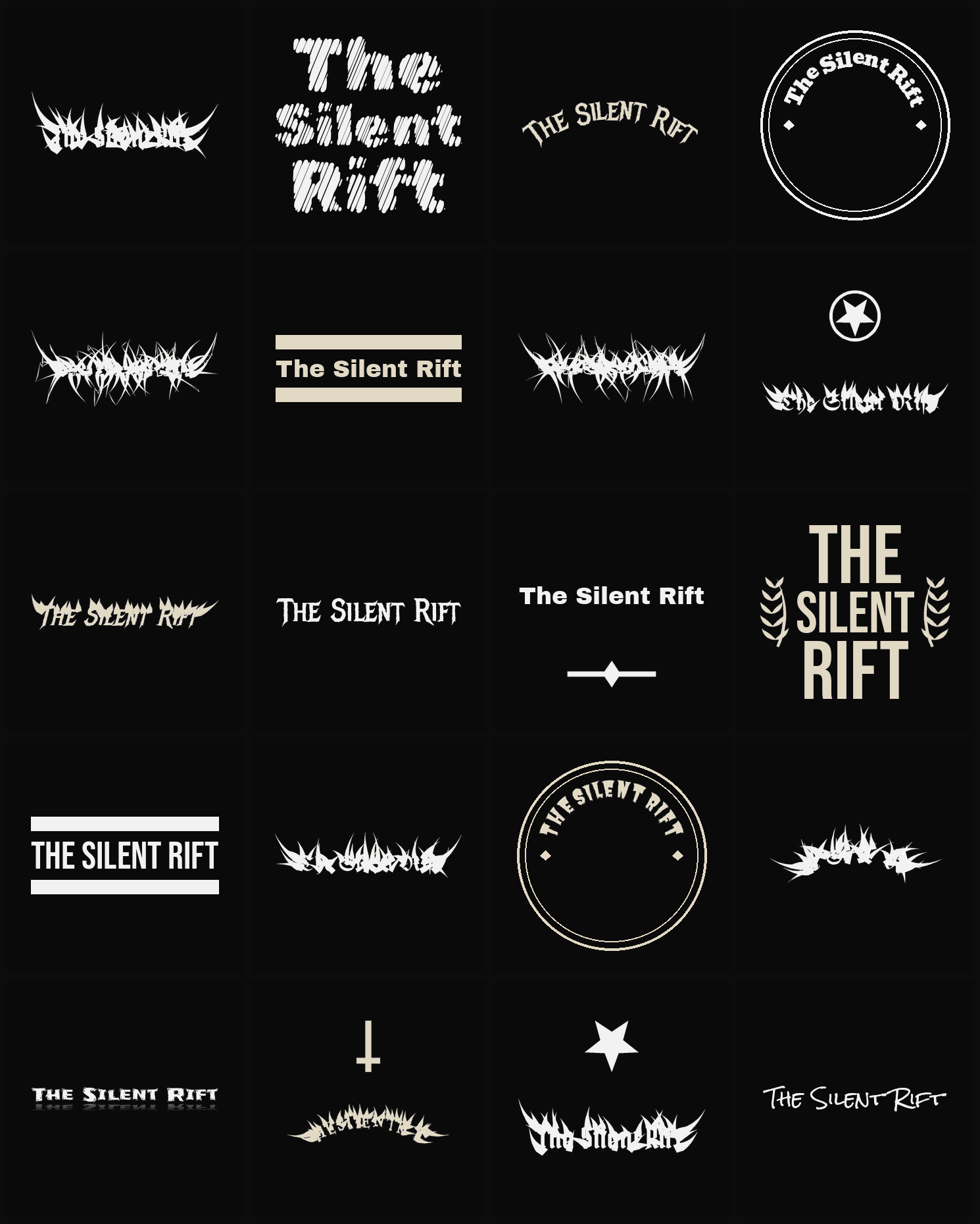 Twenty The Silent Rift band logo ideas — different faces, treatments and spike settings