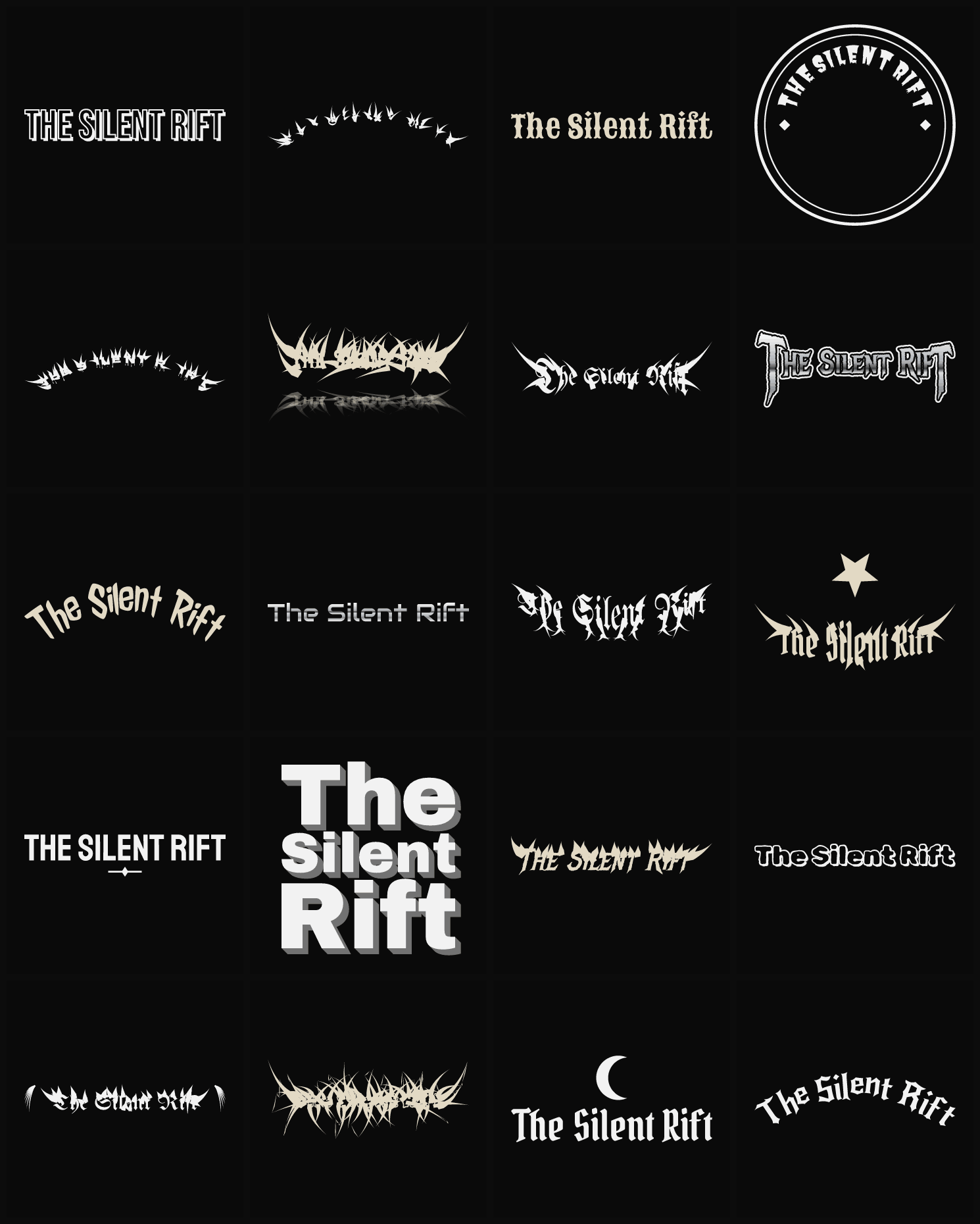 Twenty The Silent Rift band logo ideas — different faces, treatments and spike settings