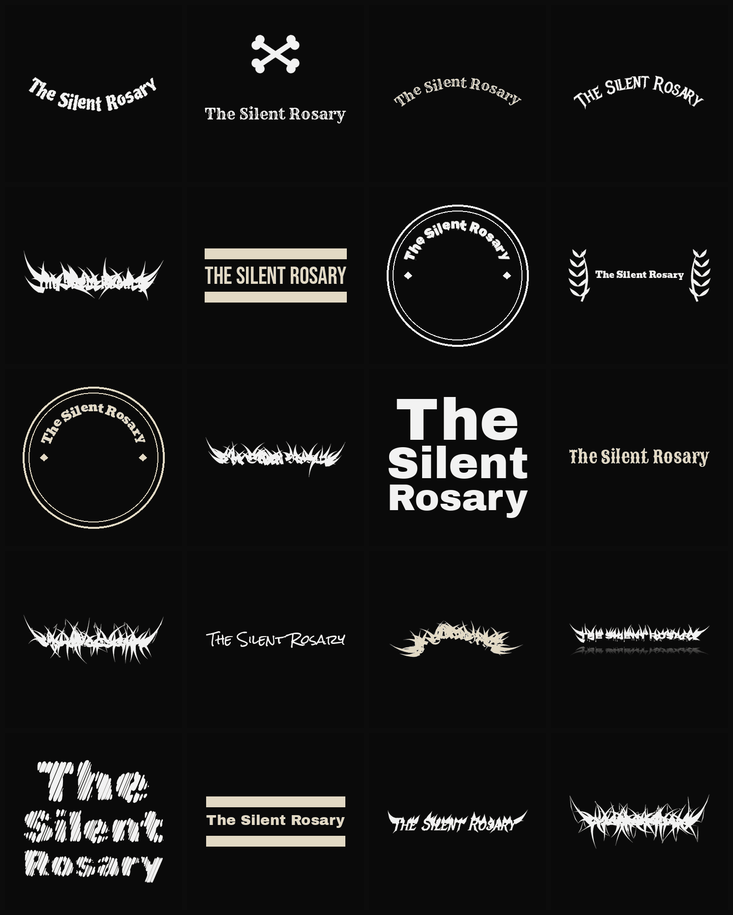 Twenty The Silent Rosary band logo ideas — different faces, treatments and spike settings