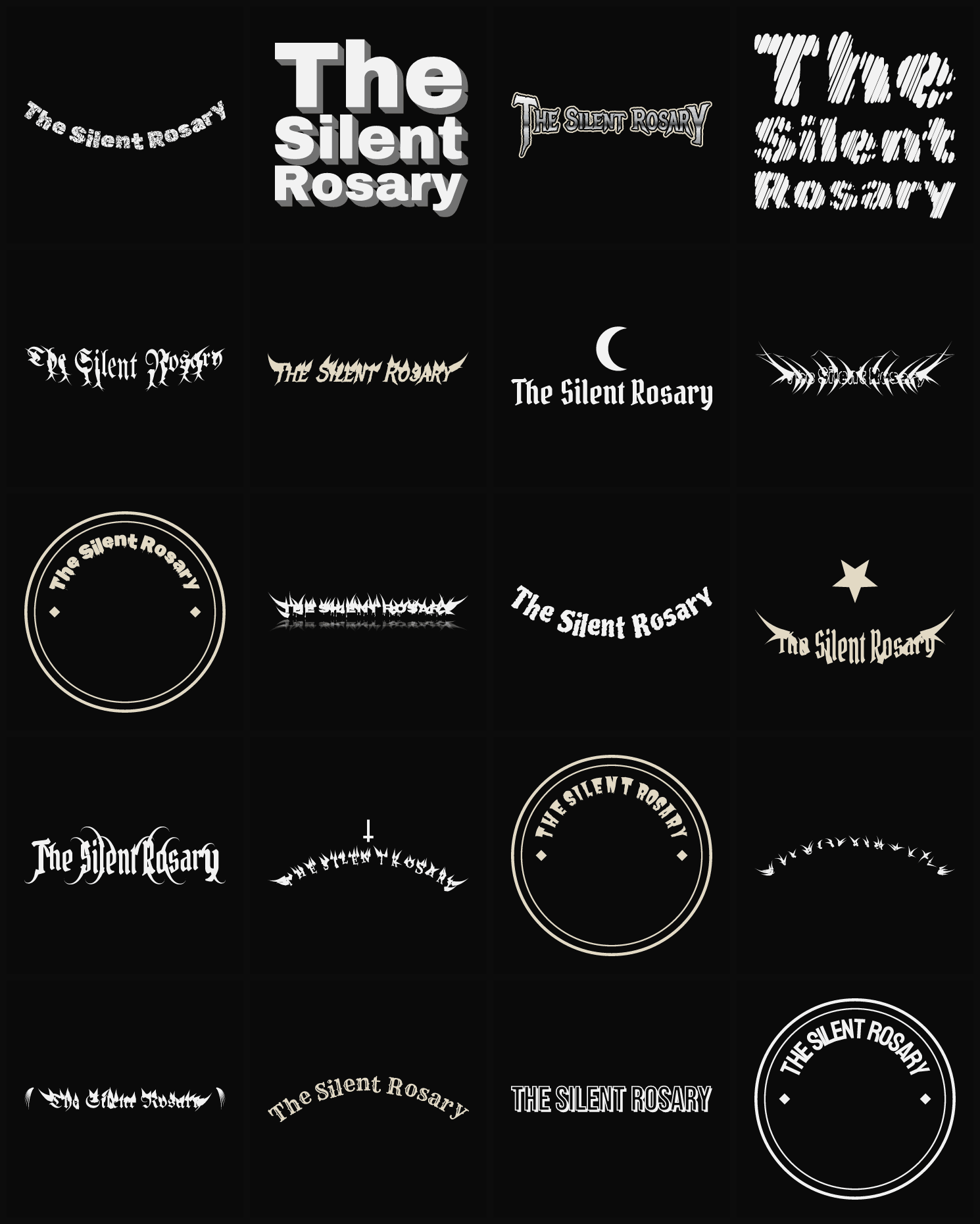 Twenty The Silent Rosary band logo ideas — different faces, treatments and spike settings