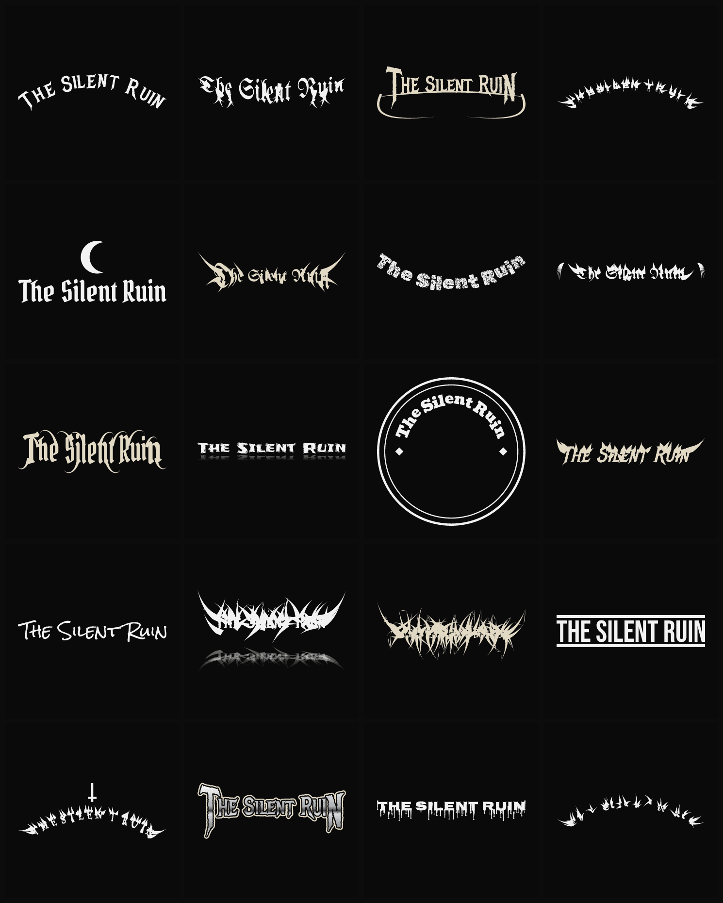 Twenty The Silent Ruin band logo ideas — different faces, treatments and spike settings