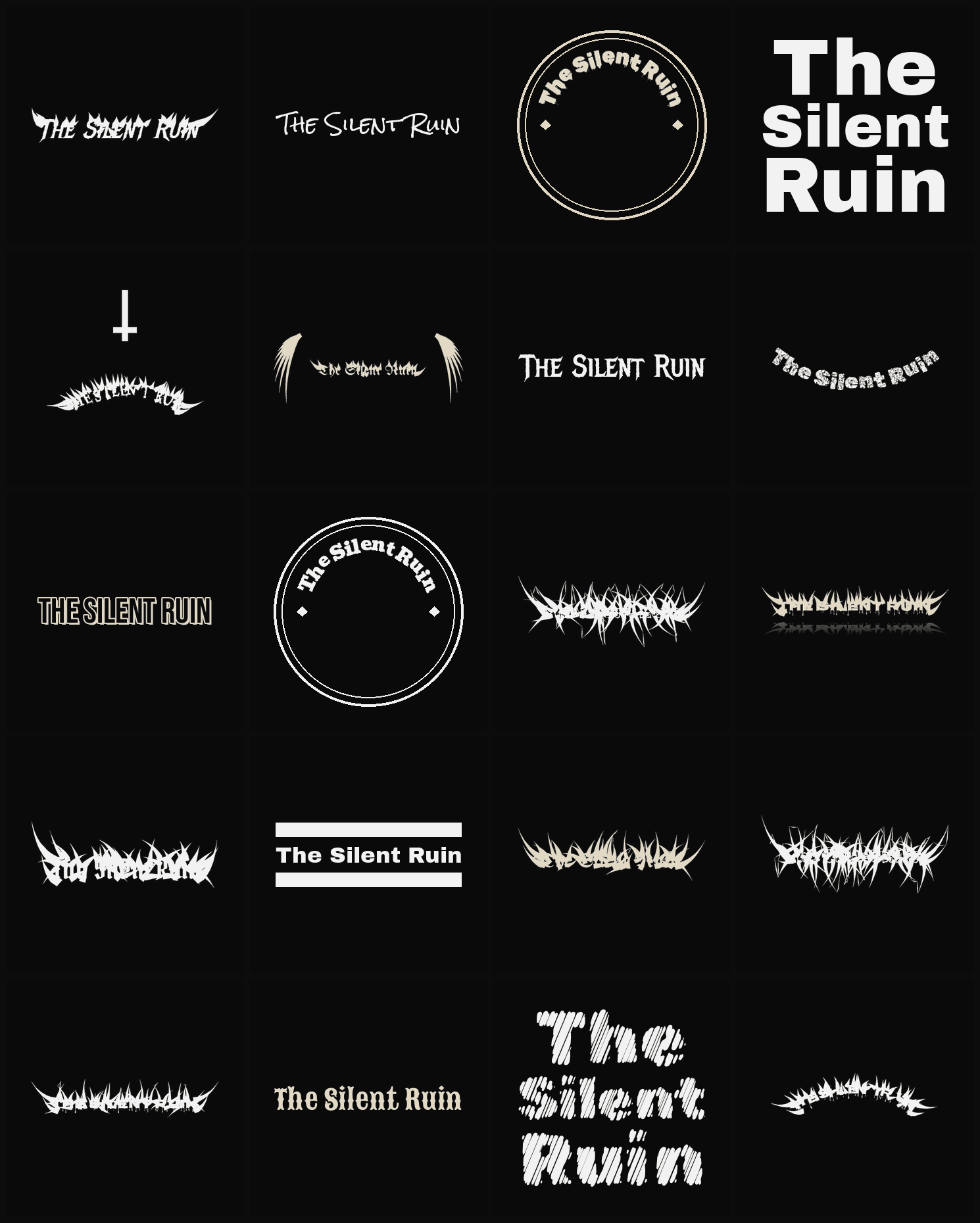 Twenty The Silent Ruin band logo ideas — different faces, treatments and spike settings