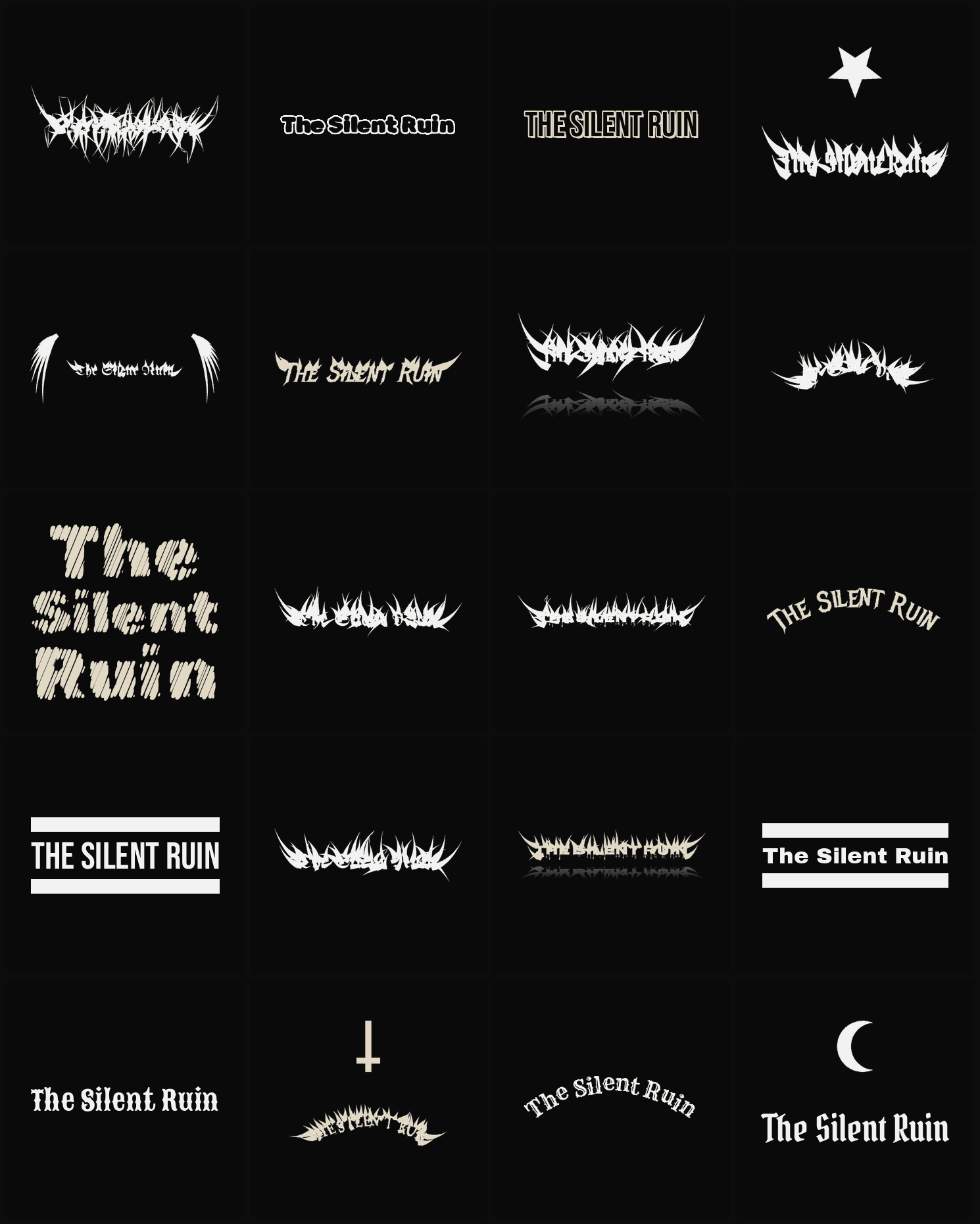 Twenty The Silent Ruin band logo ideas — different faces, treatments and spike settings