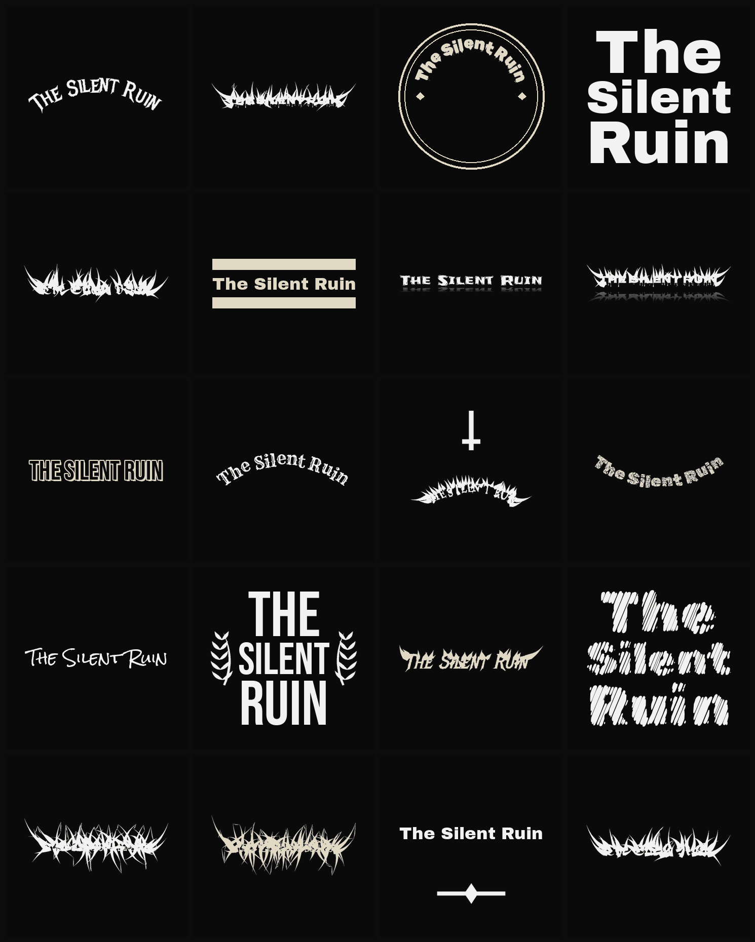 Twenty The Silent Ruin band logo ideas — different faces, treatments and spike settings