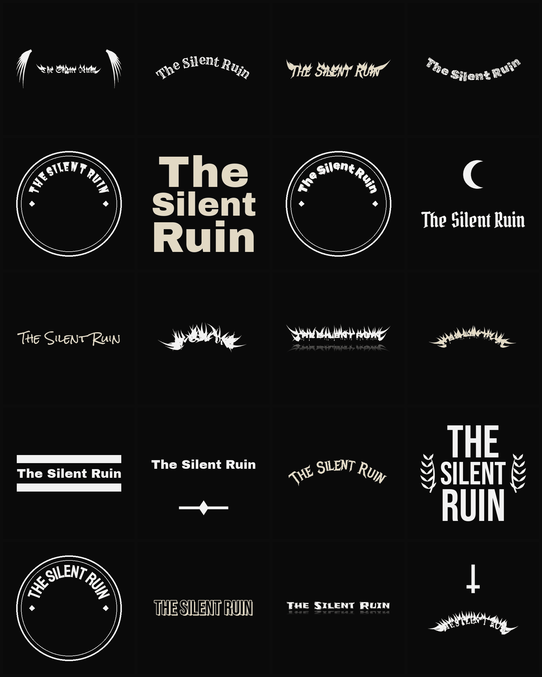 Twenty The Silent Ruin band logo ideas — different faces, treatments and spike settings
