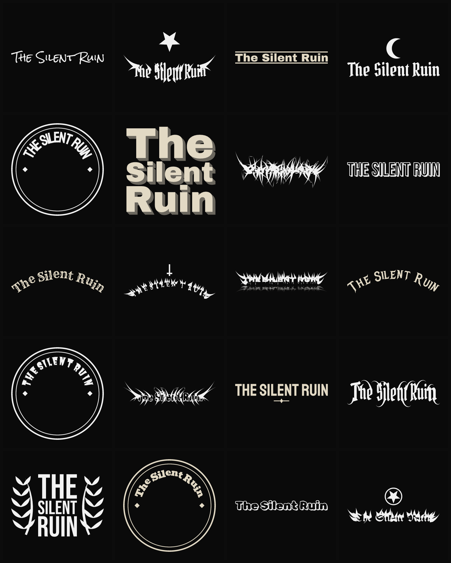 Twenty The Silent Ruin band logo ideas — different faces, treatments and spike settings