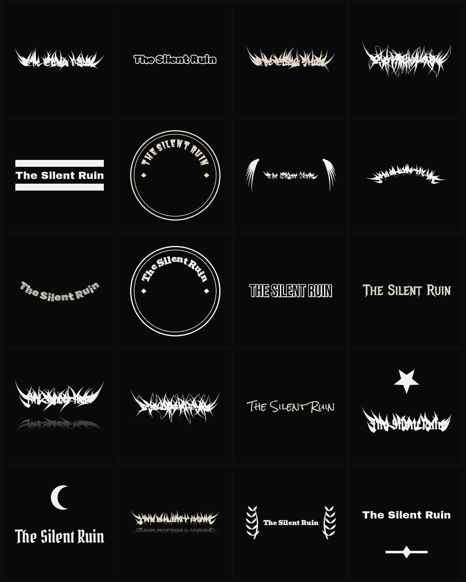 Twenty The Silent Ruin band logo ideas — different faces, treatments and spike settings