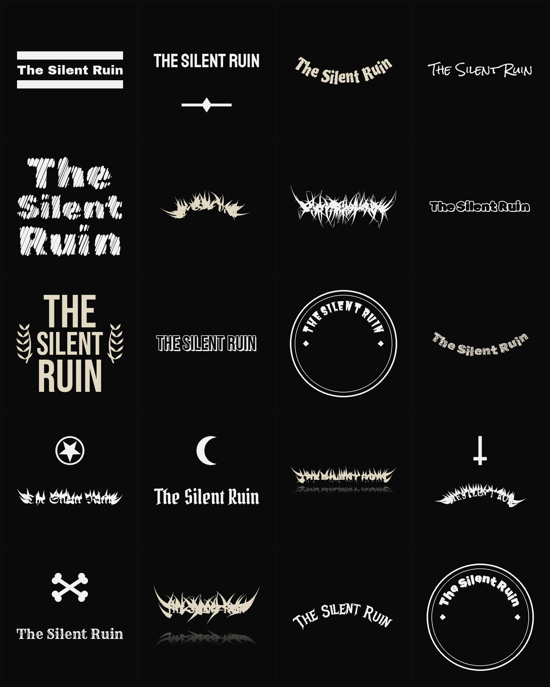 Twenty The Silent Ruin band logo ideas — different faces, treatments and spike settings
