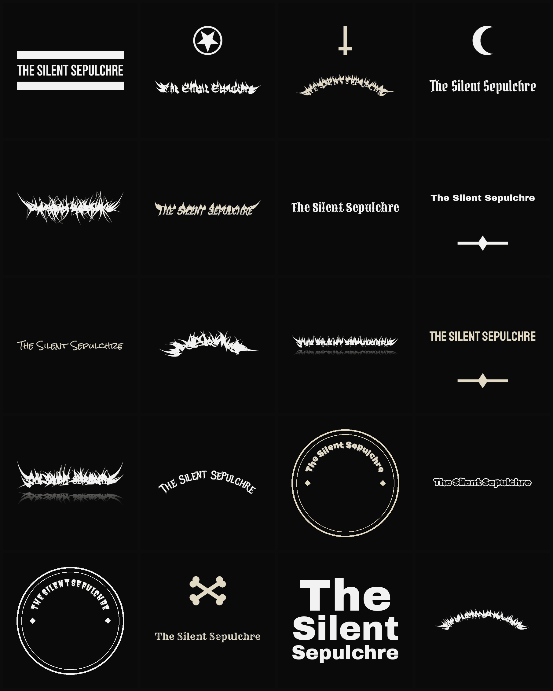 Twenty The Silent Sepulchre band logo ideas — different faces, treatments and spike settings