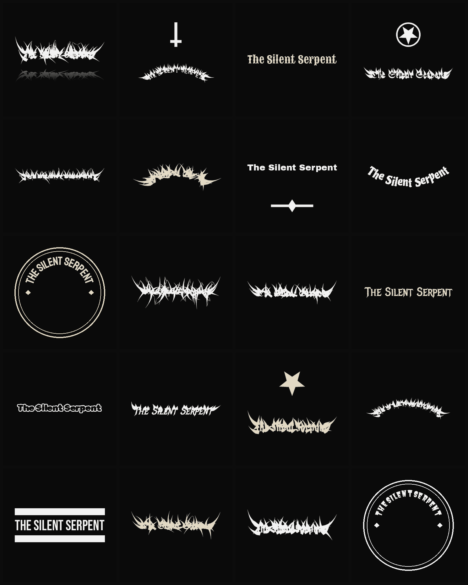 Twenty The Silent Serpent band logo ideas — different faces, treatments and spike settings