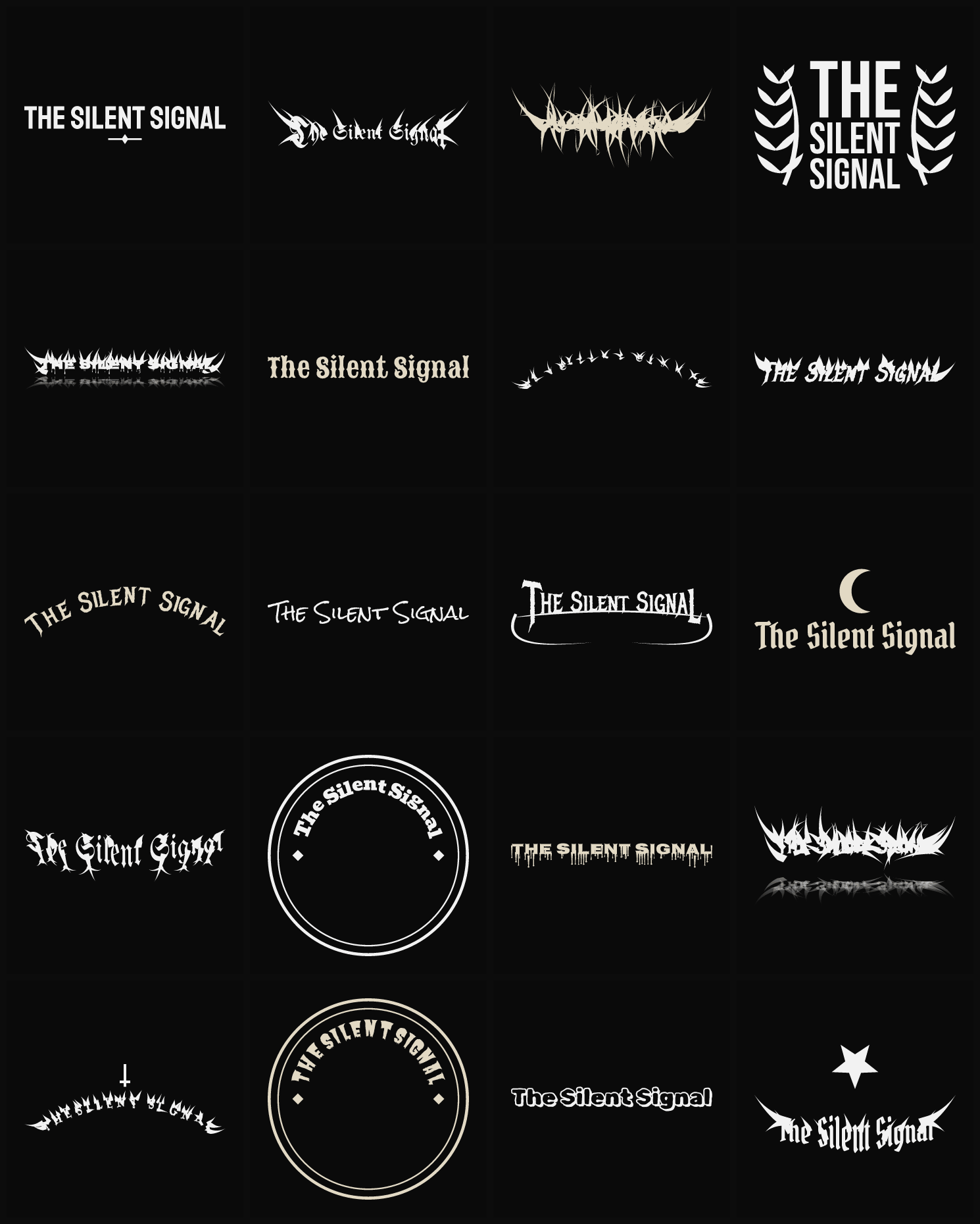 Twenty The Silent Signal band logo ideas — different faces, treatments and spike settings