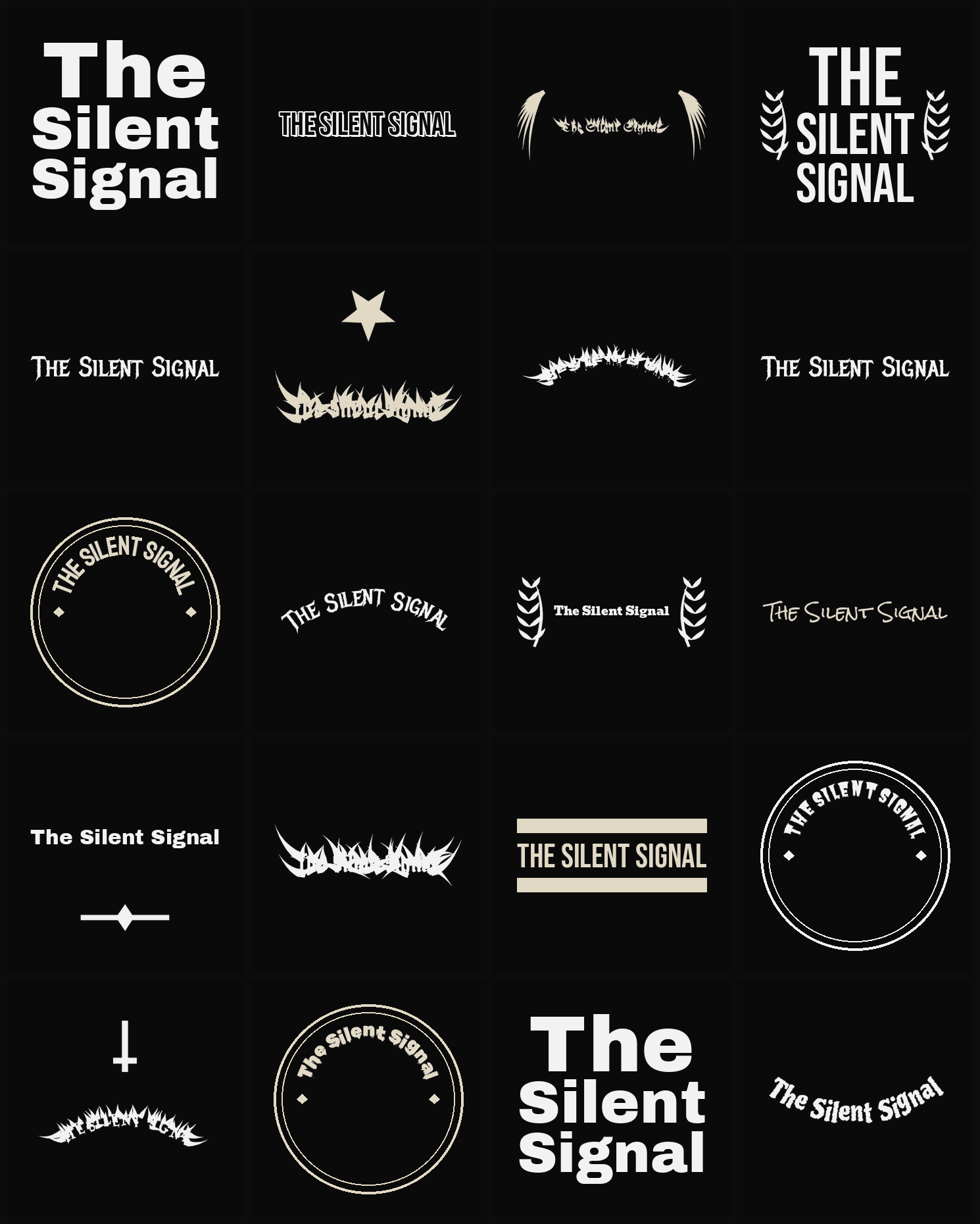 Twenty The Silent Signal band logo ideas — different faces, treatments and spike settings