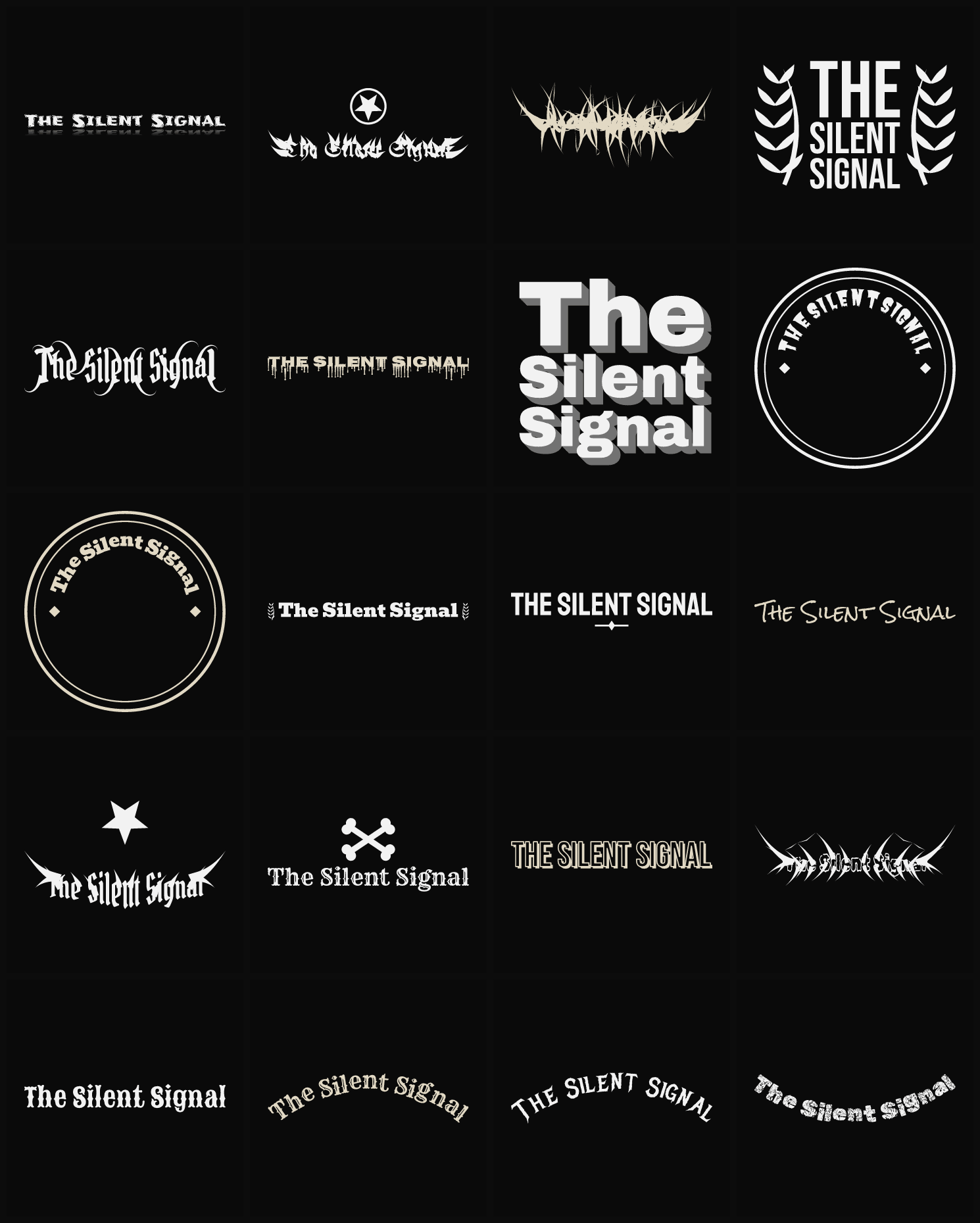 Twenty The Silent Signal band logo ideas — different faces, treatments and spike settings