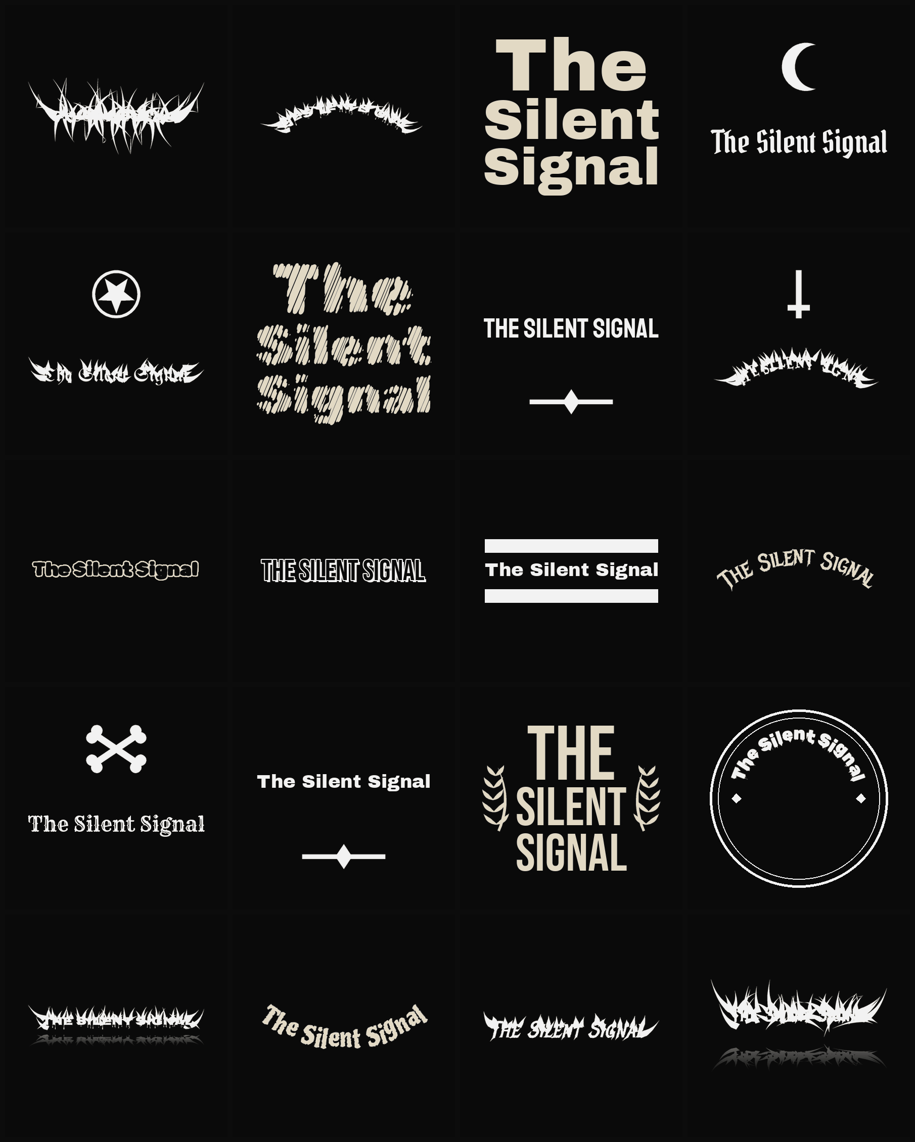 Twenty The Silent Signal band logo ideas — different faces, treatments and spike settings