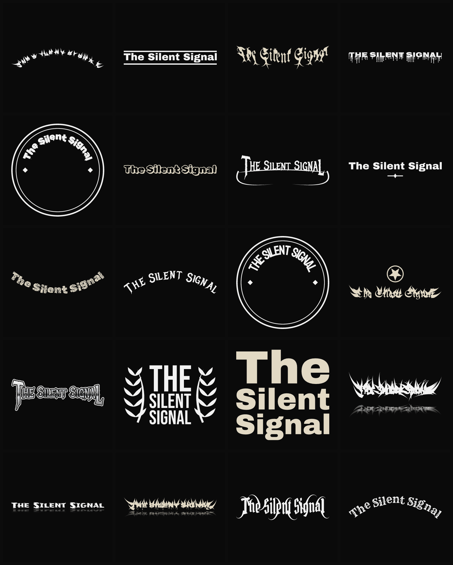 Twenty The Silent Signal band logo ideas — different faces, treatments and spike settings