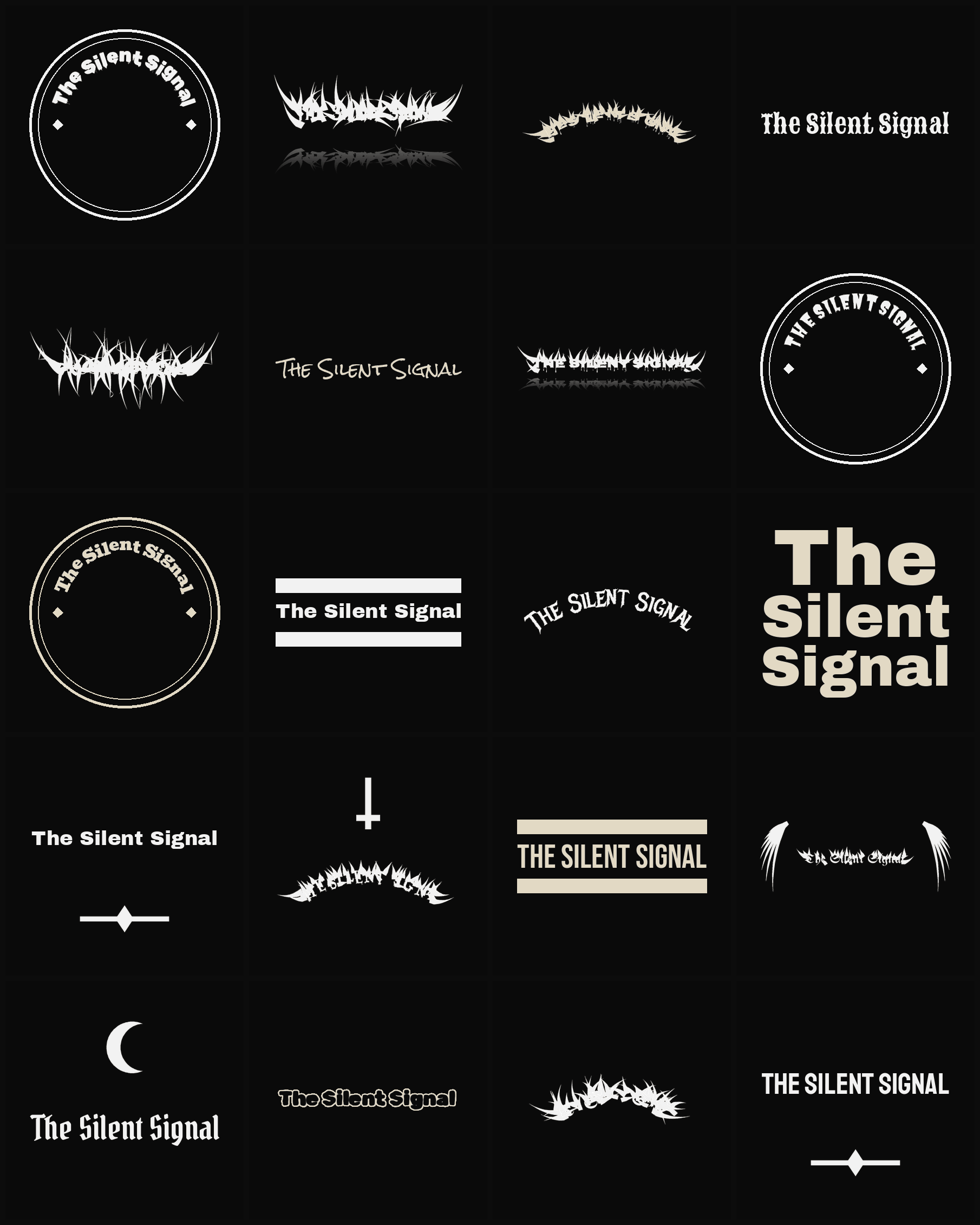 Twenty The Silent Signal band logo ideas — different faces, treatments and spike settings