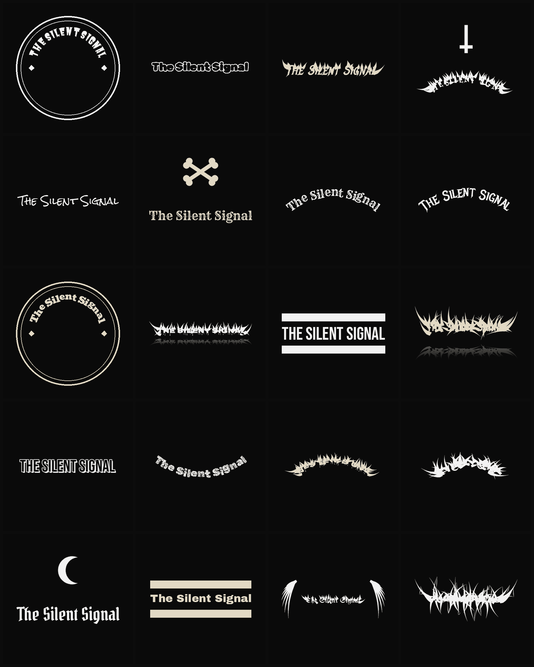 Twenty The Silent Signal band logo ideas — different faces, treatments and spike settings