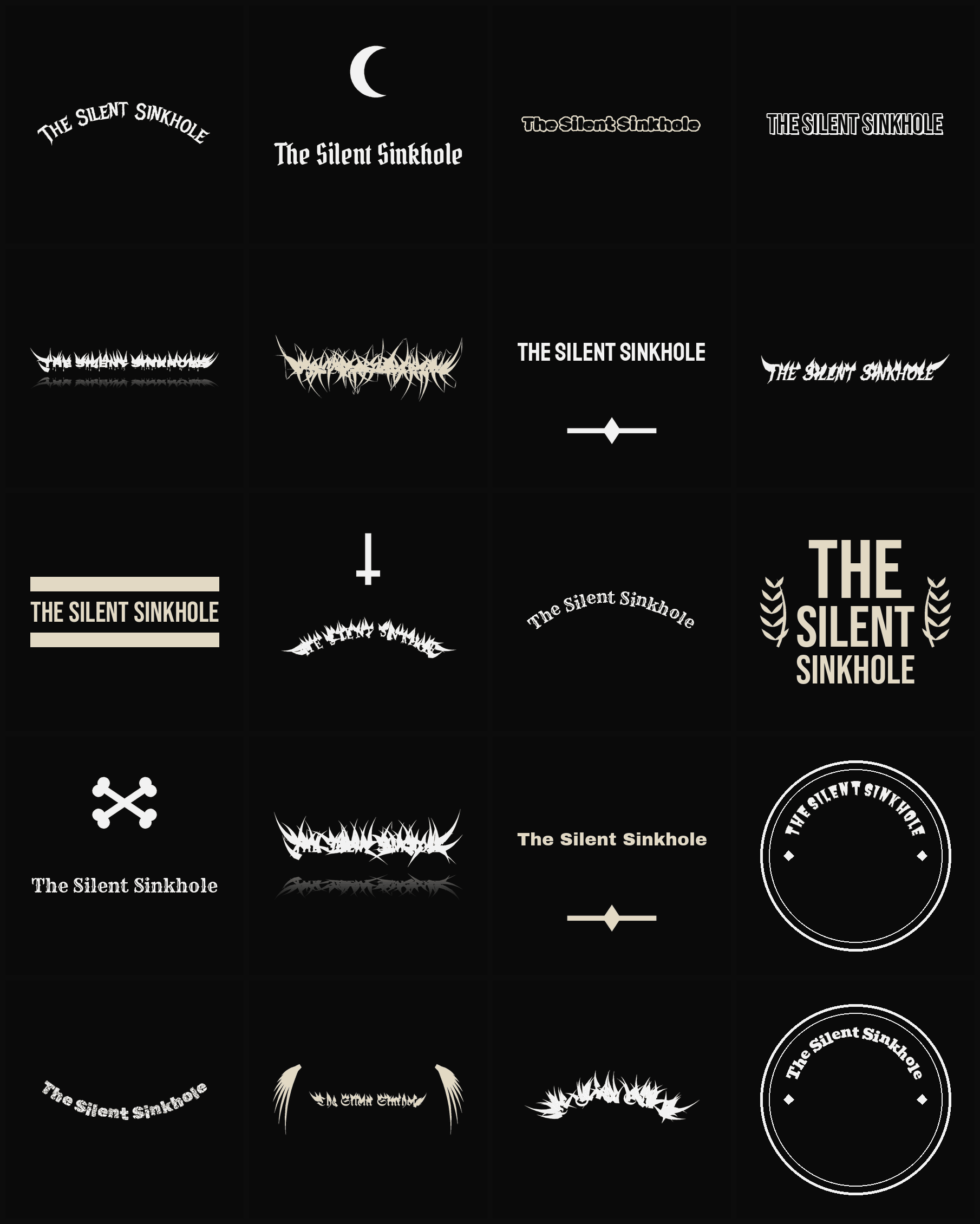 Twenty The Silent Sinkhole band logo ideas — different faces, treatments and spike settings