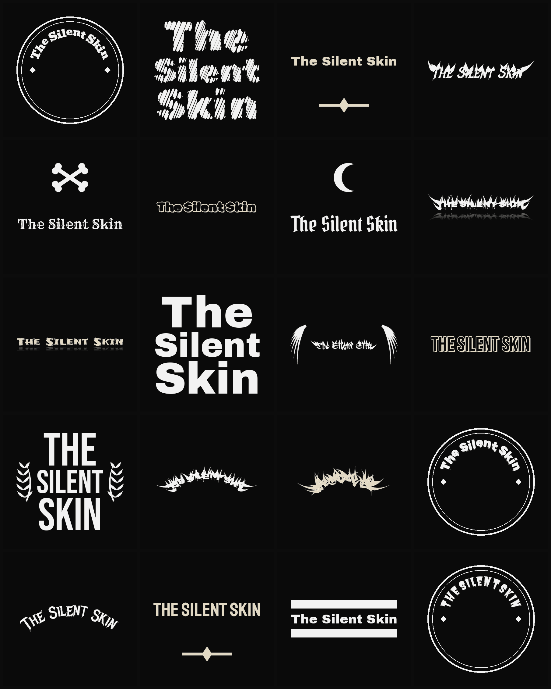 Twenty The Silent Skin band logo ideas — different faces, treatments and spike settings