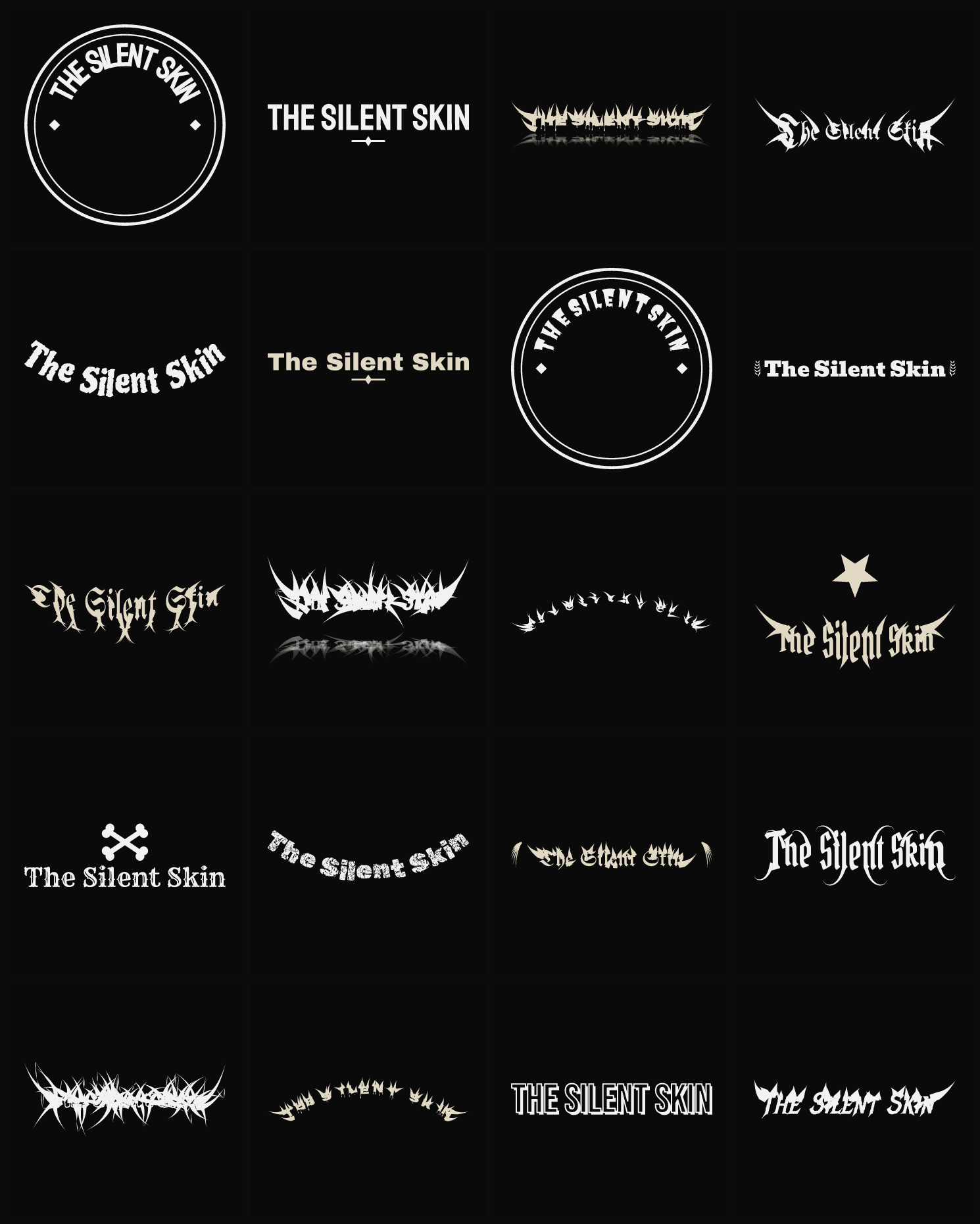 Twenty The Silent Skin band logo ideas — different faces, treatments and spike settings