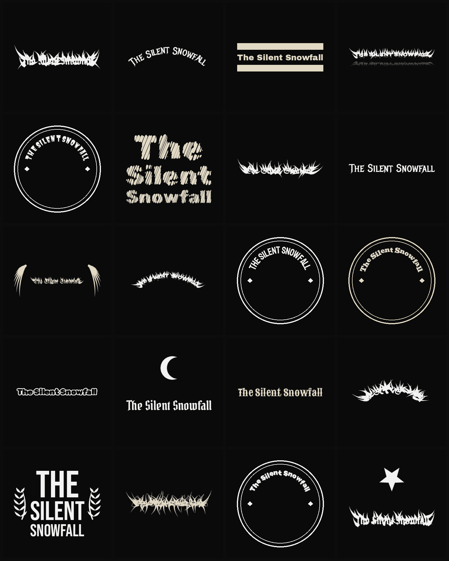 Twenty The Silent Snowfall band logo ideas — different faces, treatments and spike settings