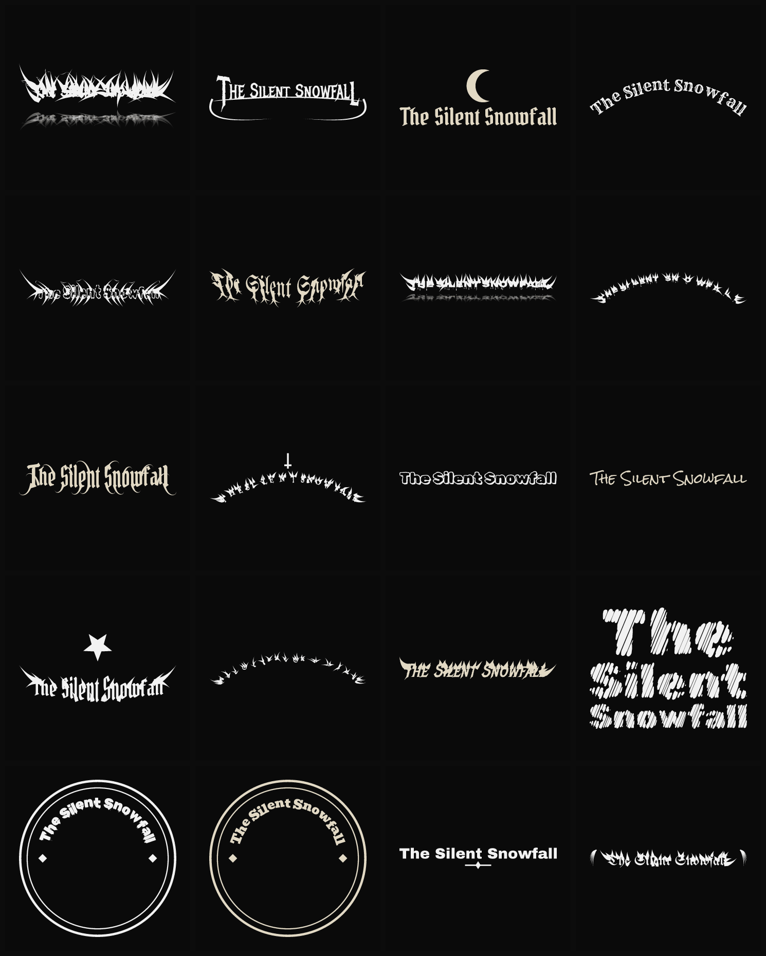 Twenty The Silent Snowfall band logo ideas — different faces, treatments and spike settings