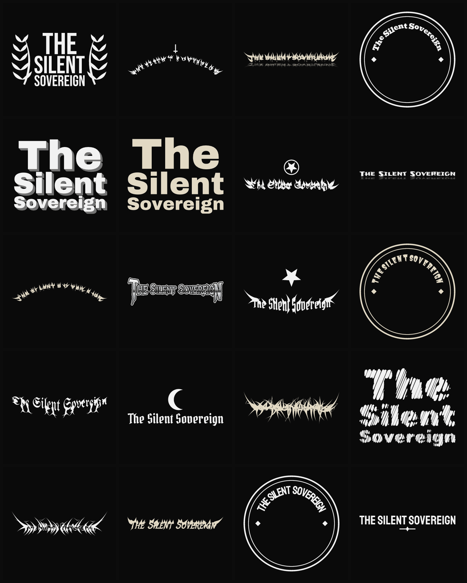 Twenty The Silent Sovereign band logo ideas — different faces, treatments and spike settings
