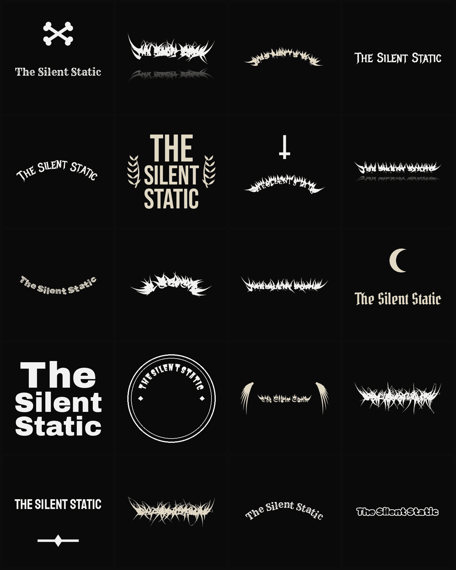 Twenty The Silent Static band logo ideas — different faces, treatments and spike settings