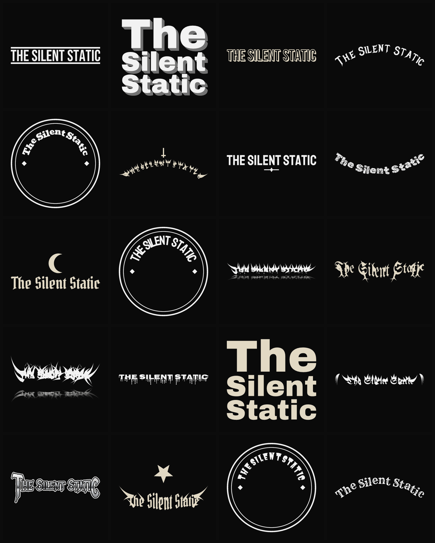 Twenty The Silent Static band logo ideas — different faces, treatments and spike settings