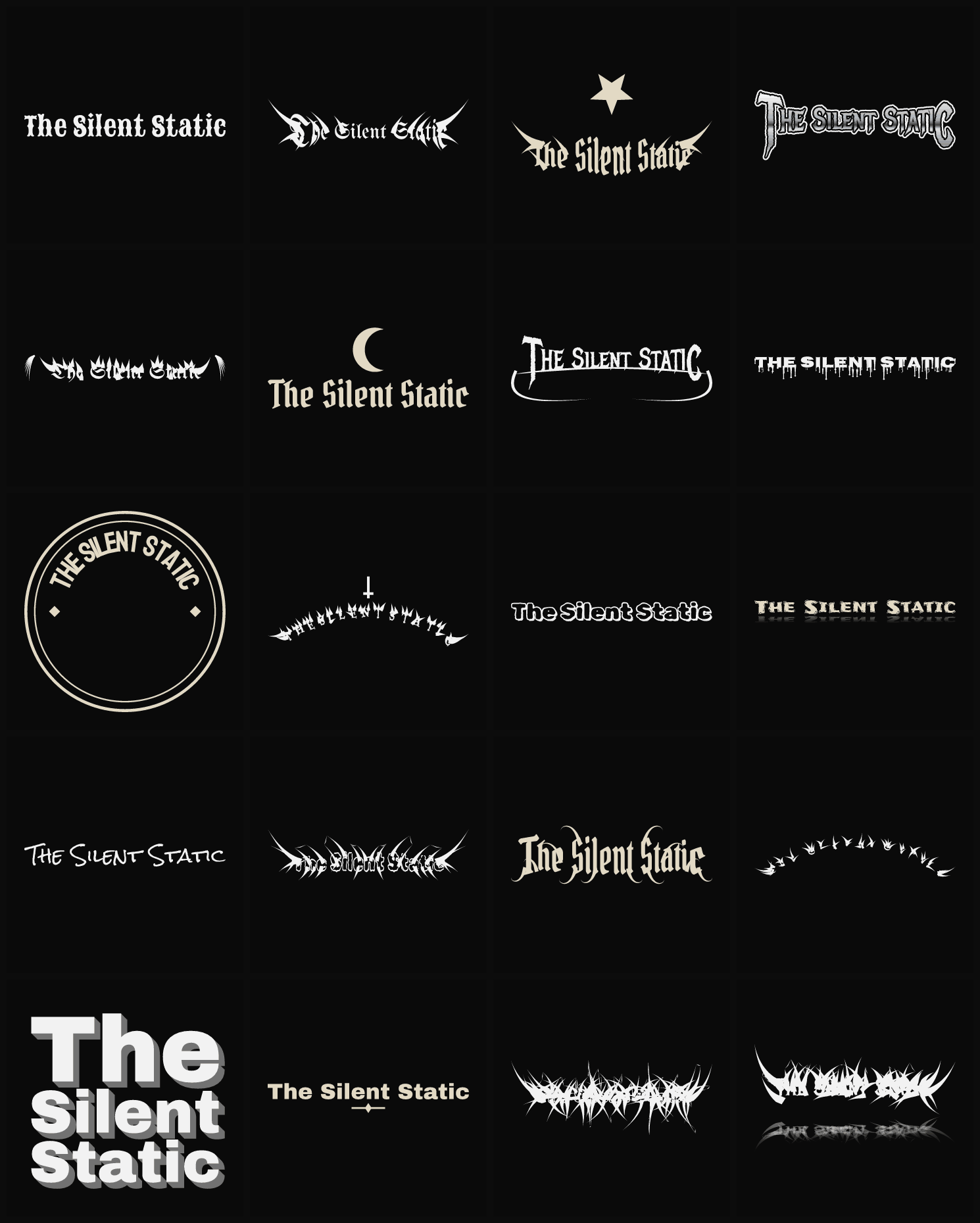 Twenty The Silent Static band logo ideas — different faces, treatments and spike settings