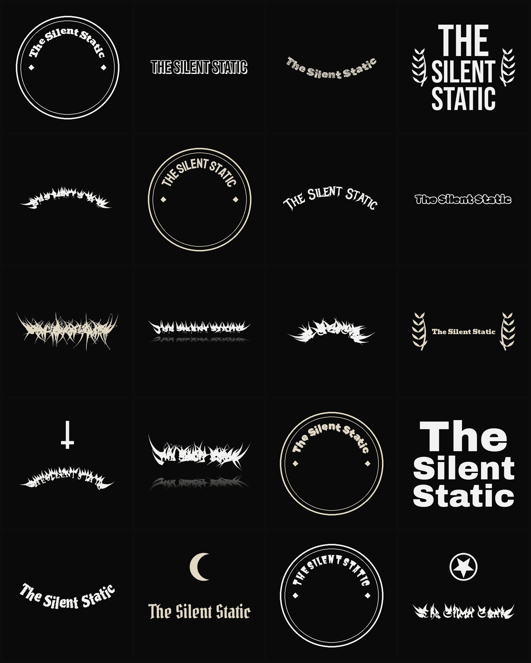 Twenty The Silent Static band logo ideas — different faces, treatments and spike settings