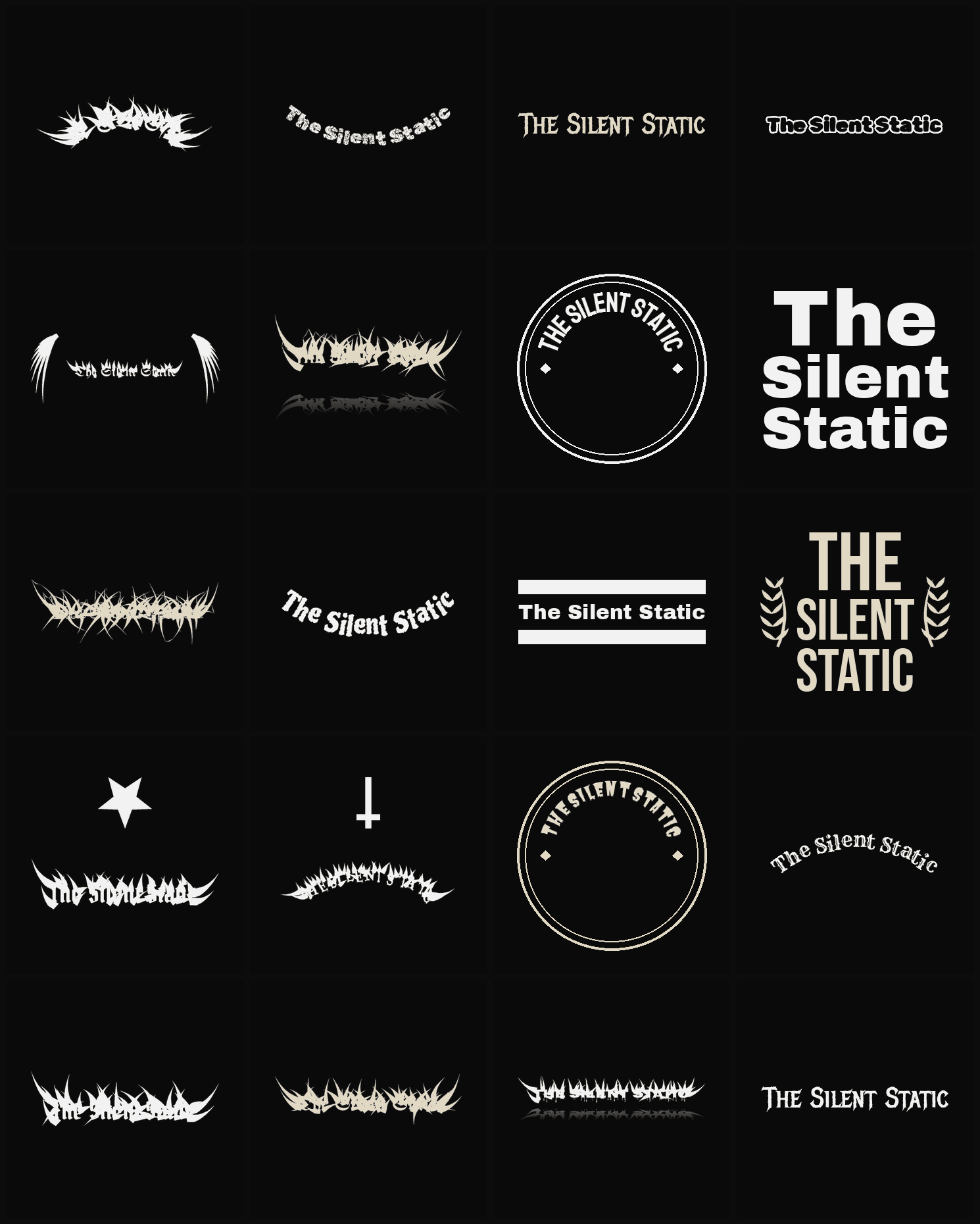 Twenty The Silent Static band logo ideas — different faces, treatments and spike settings