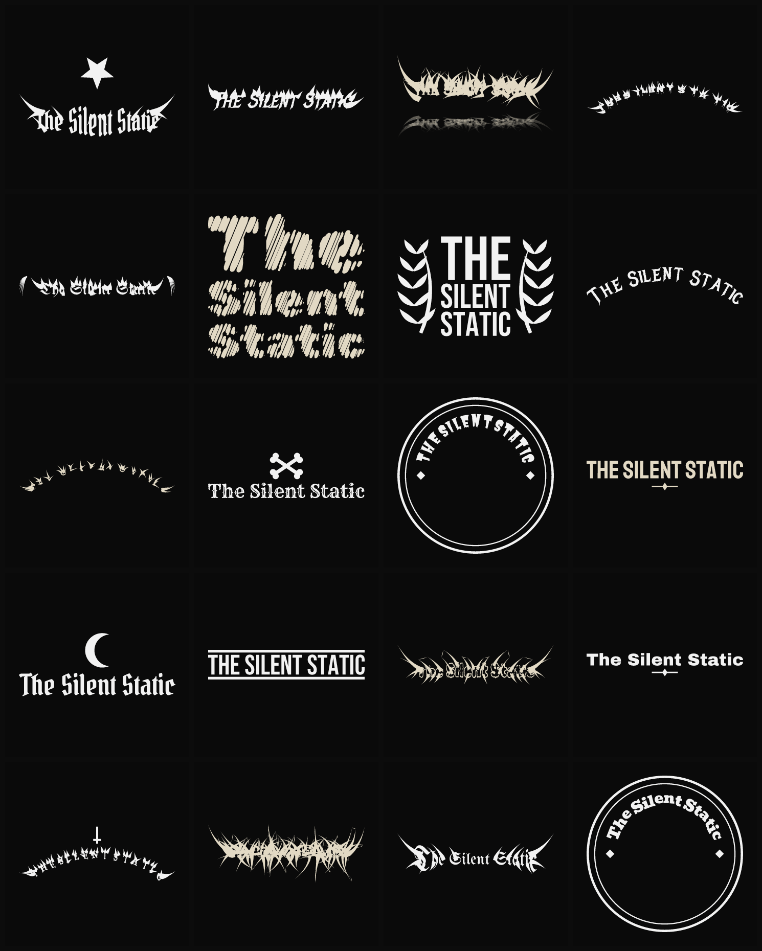 Twenty The Silent Static band logo ideas — different faces, treatments and spike settings