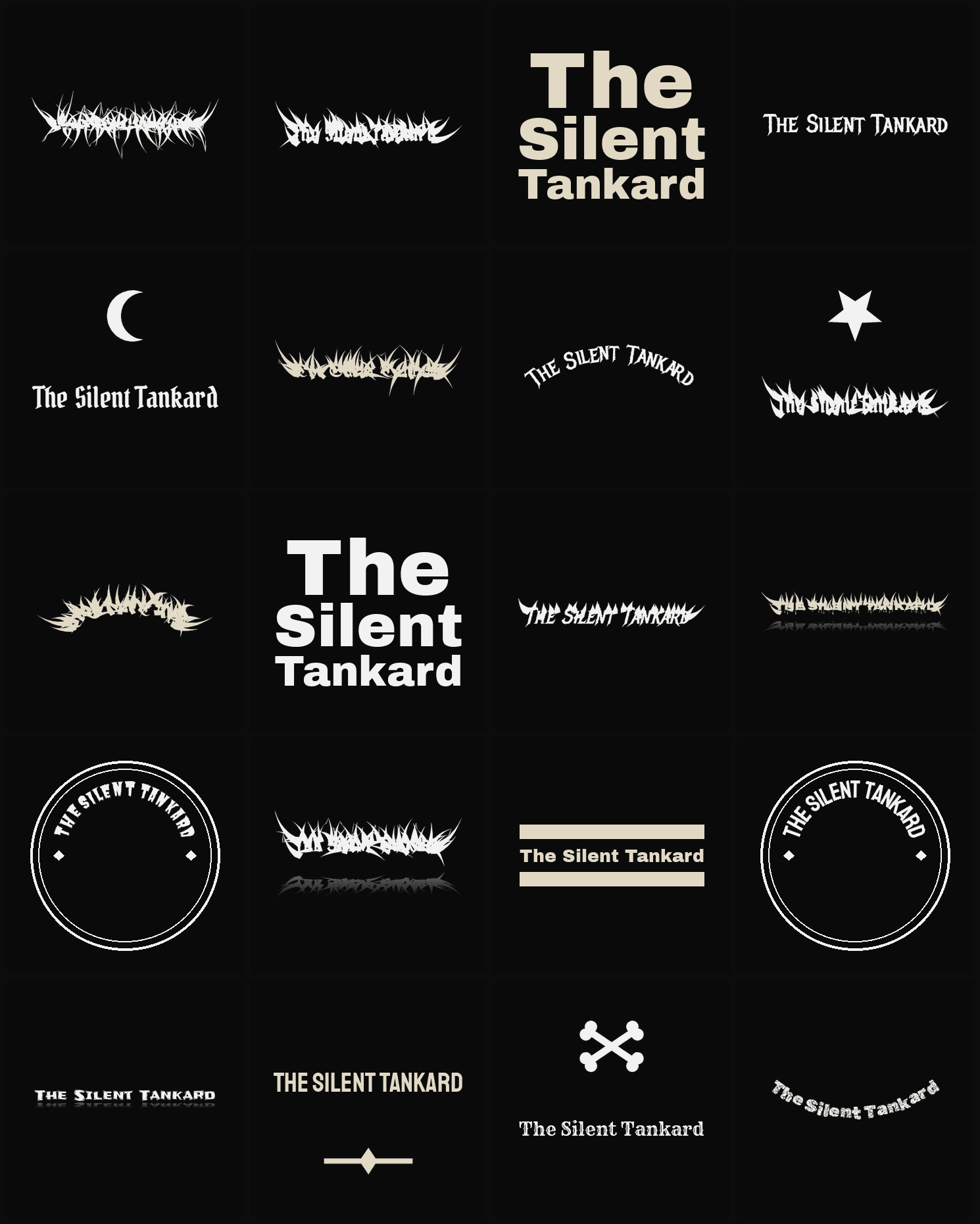 Twenty The Silent Tankard band logo ideas — different faces, treatments and spike settings