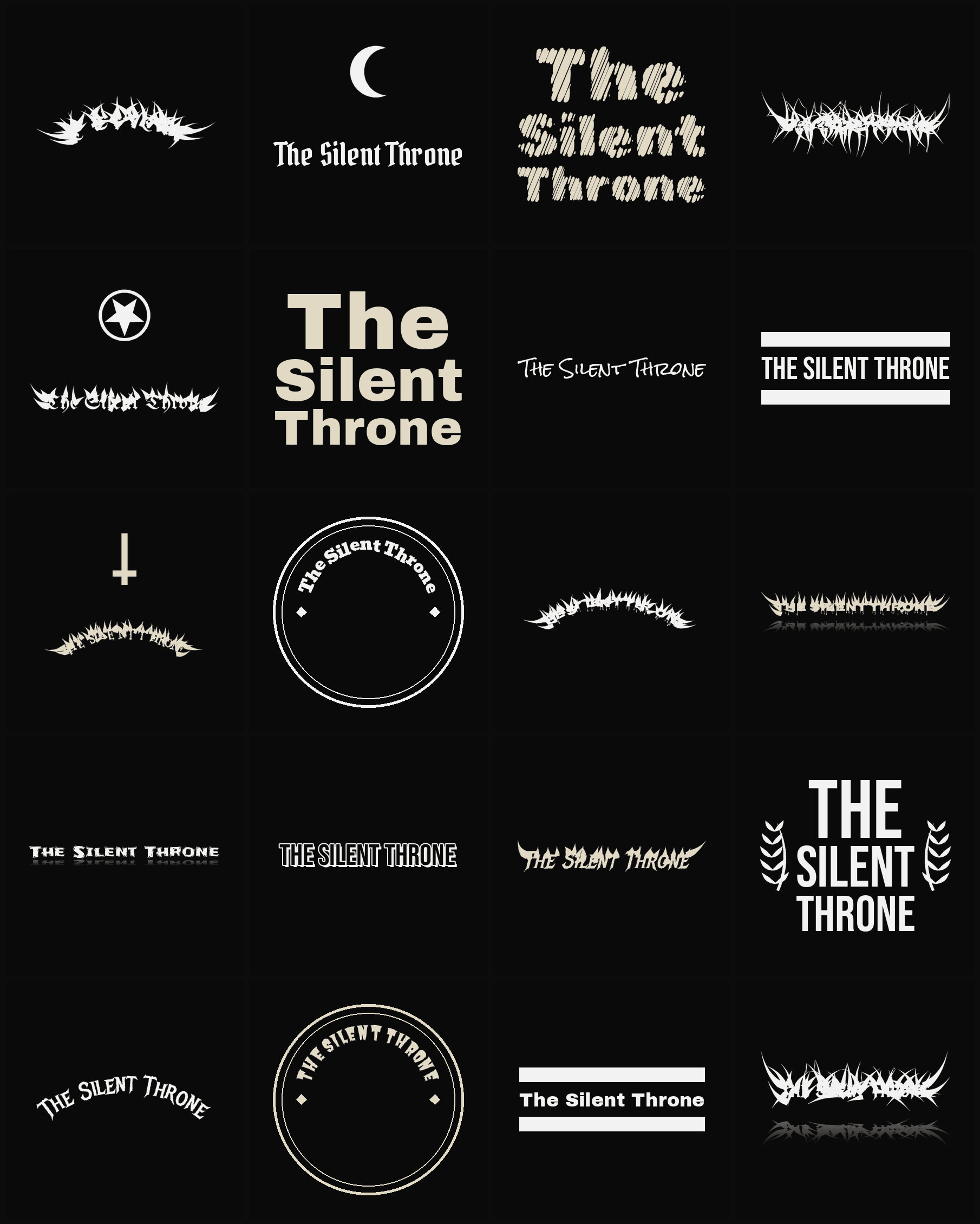 Twenty The Silent Throne band logo ideas — different faces, treatments and spike settings