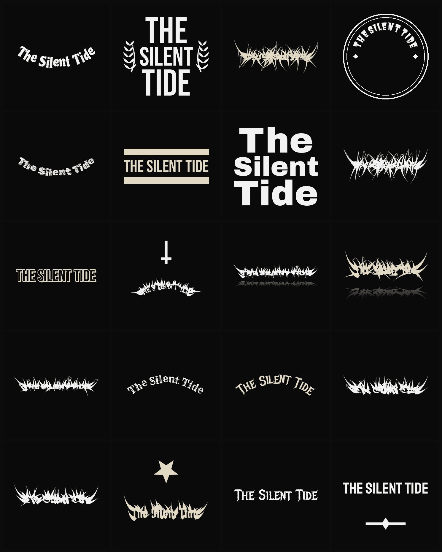 Twenty The Silent Tide band logo ideas — different faces, treatments and spike settings