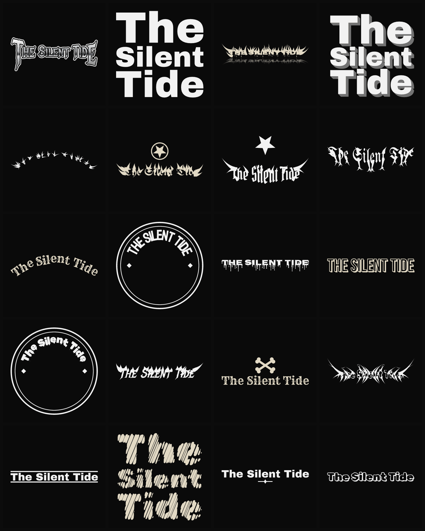 Twenty The Silent Tide band logo ideas — different faces, treatments and spike settings