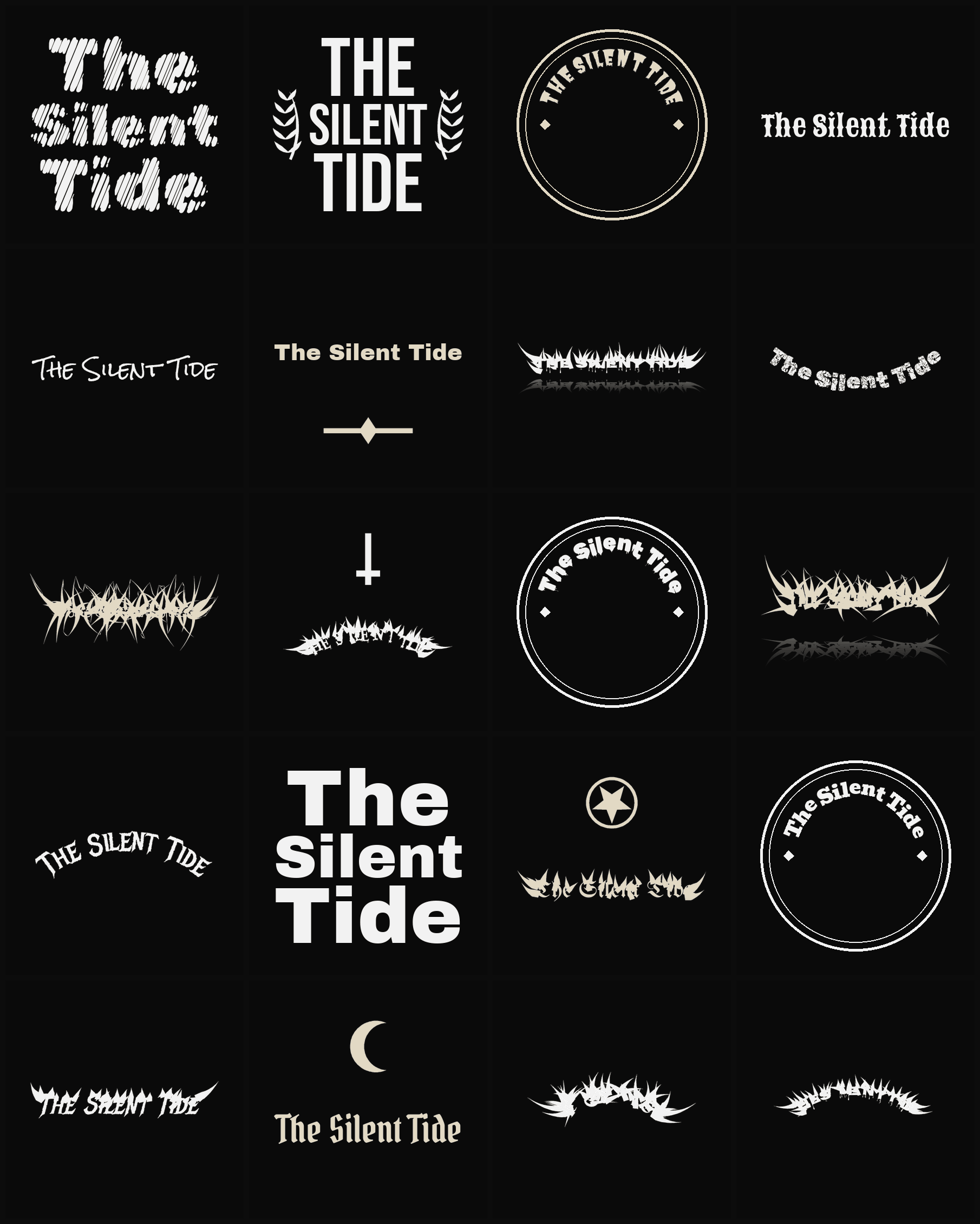 Twenty The Silent Tide band logo ideas — different faces, treatments and spike settings