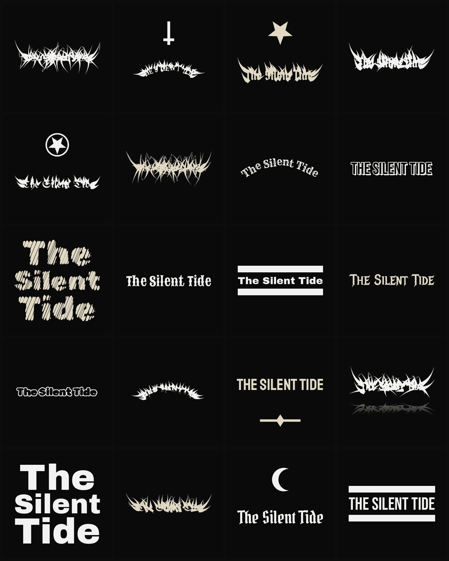 Twenty The Silent Tide band logo ideas — different faces, treatments and spike settings