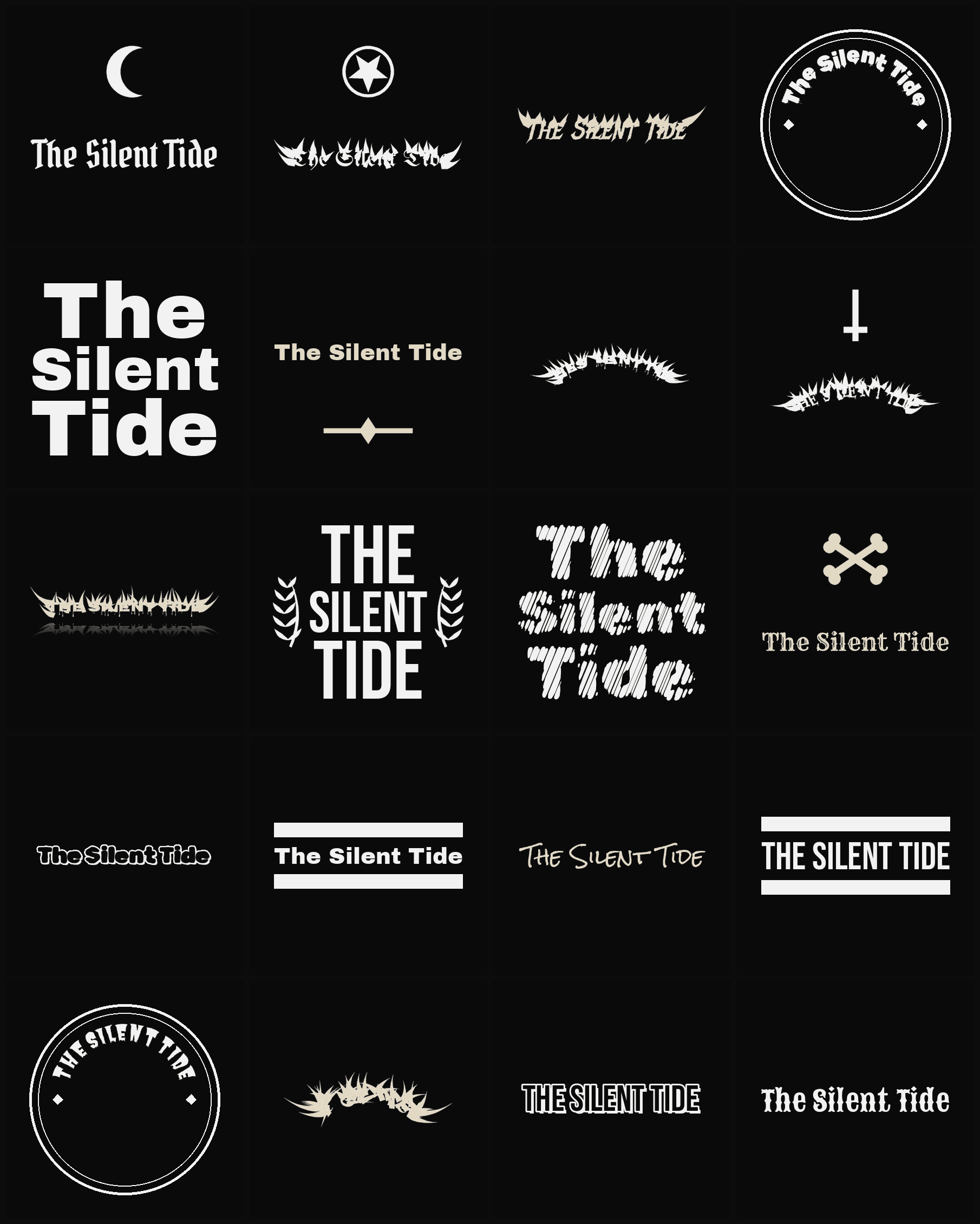 Twenty The Silent Tide band logo ideas — different faces, treatments and spike settings