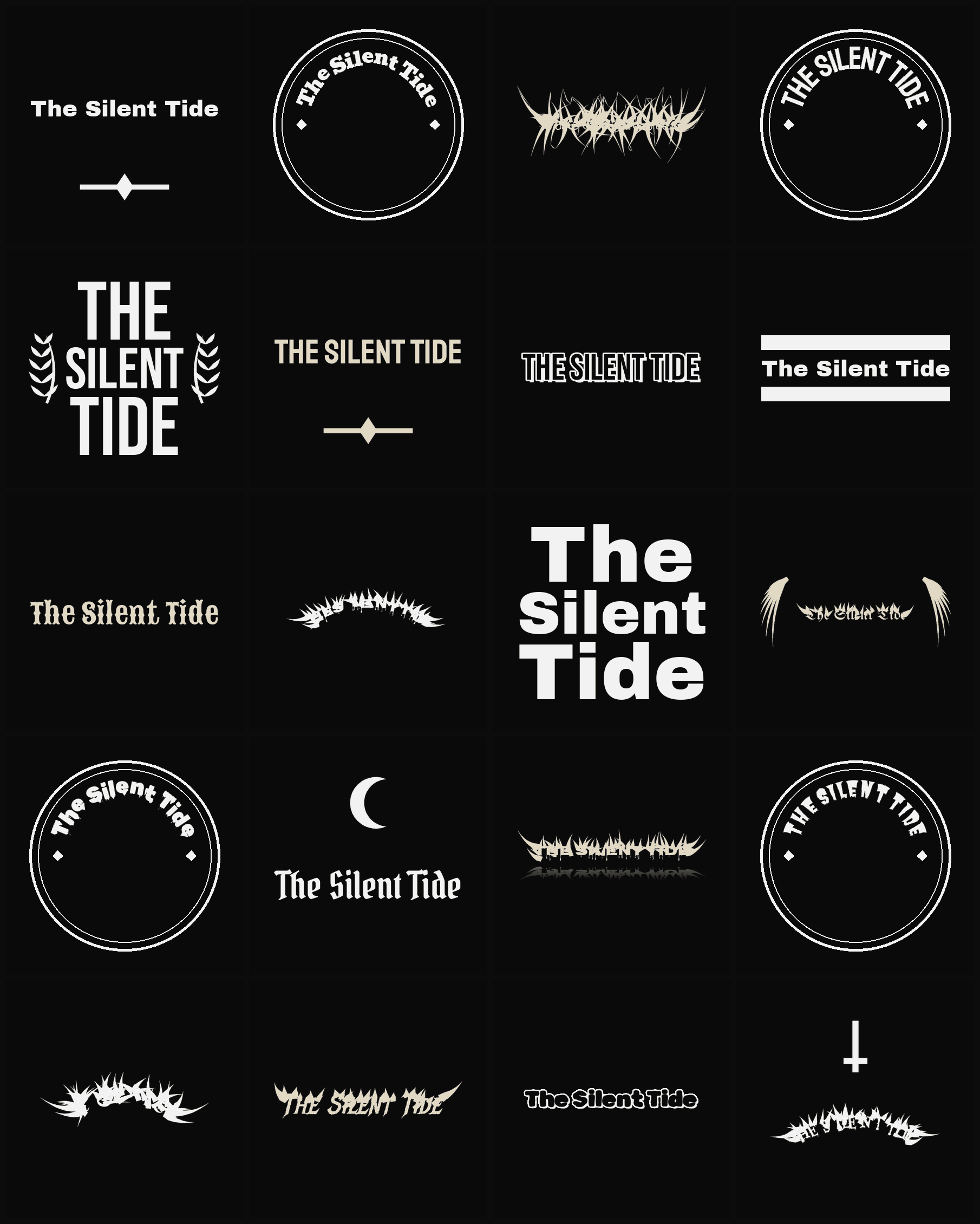 Twenty The Silent Tide band logo ideas — different faces, treatments and spike settings