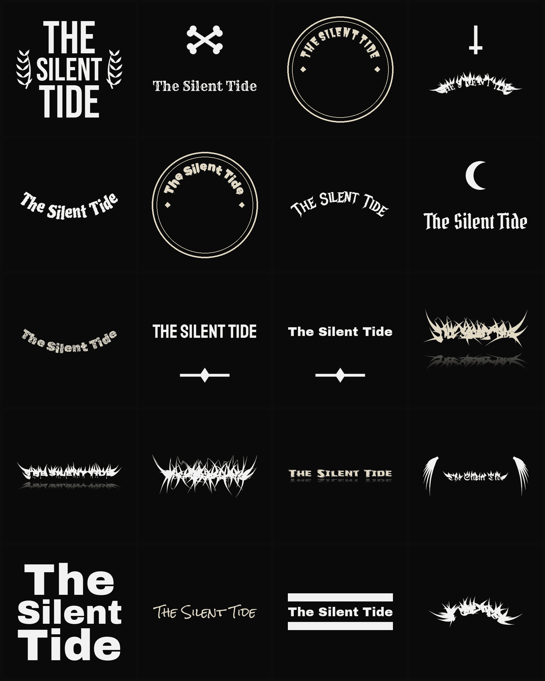 Twenty The Silent Tide band logo ideas — different faces, treatments and spike settings