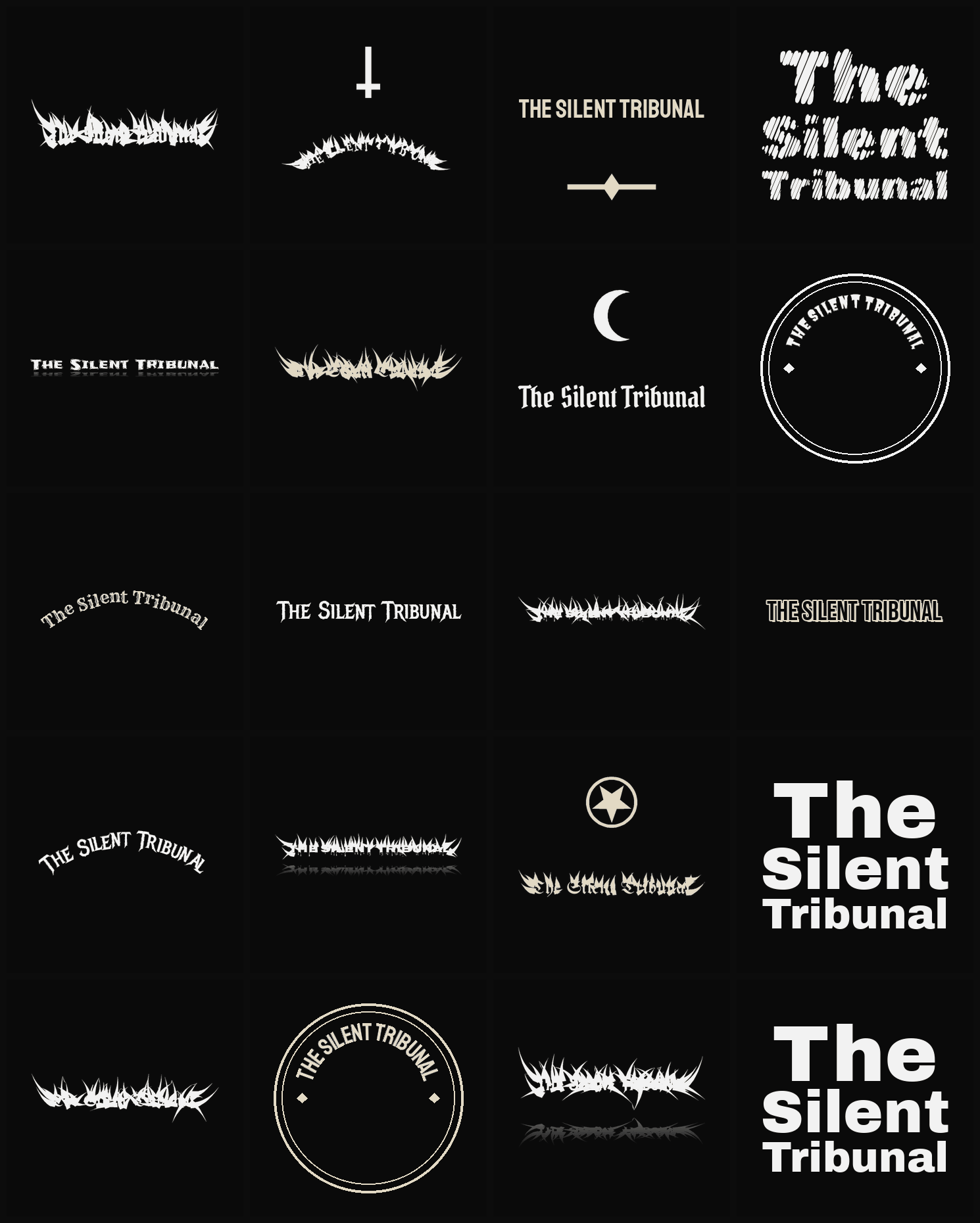 Twenty The Silent Tribunal band logo ideas — different faces, treatments and spike settings