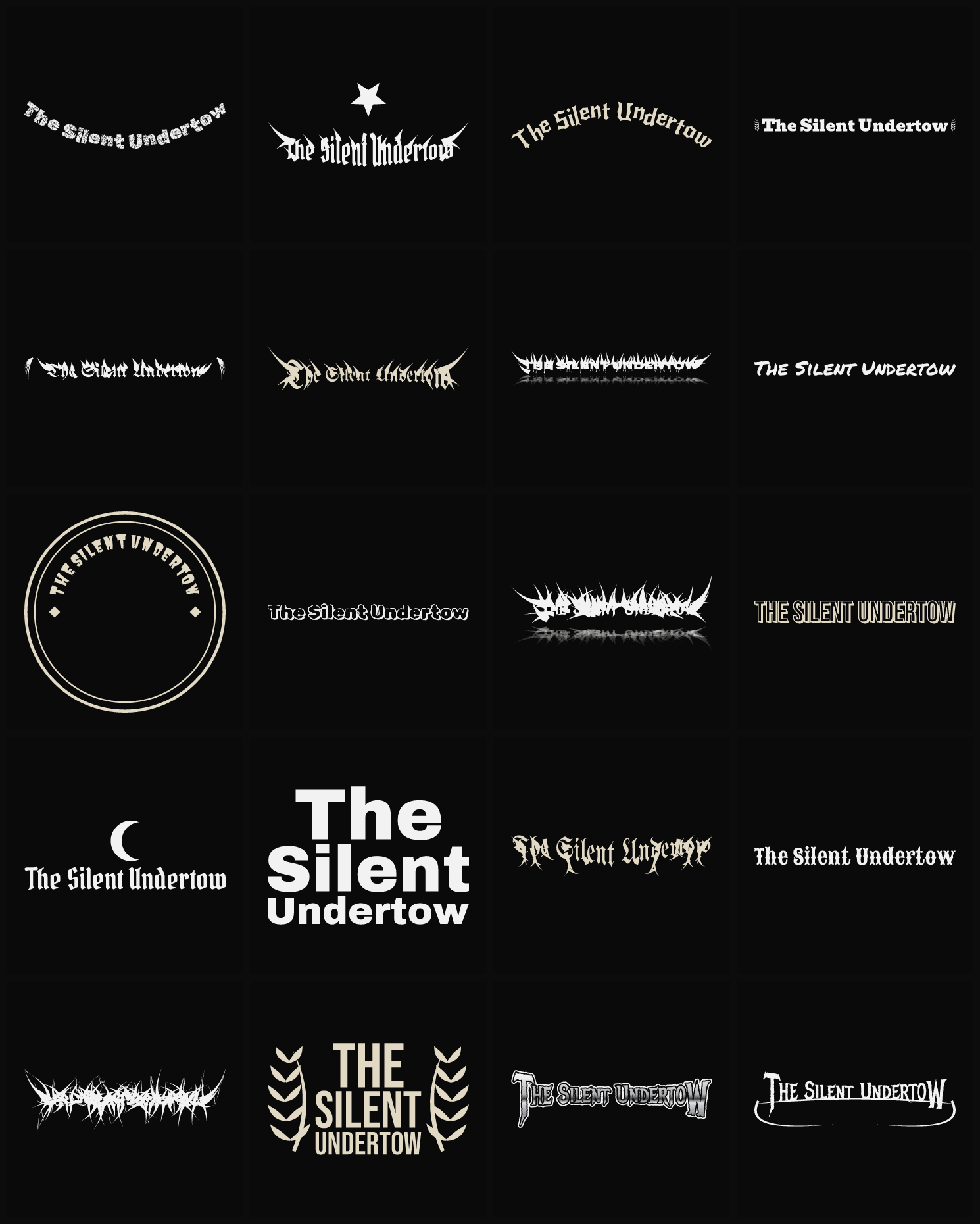 Twenty The Silent Undertow band logo ideas — different faces, treatments and spike settings