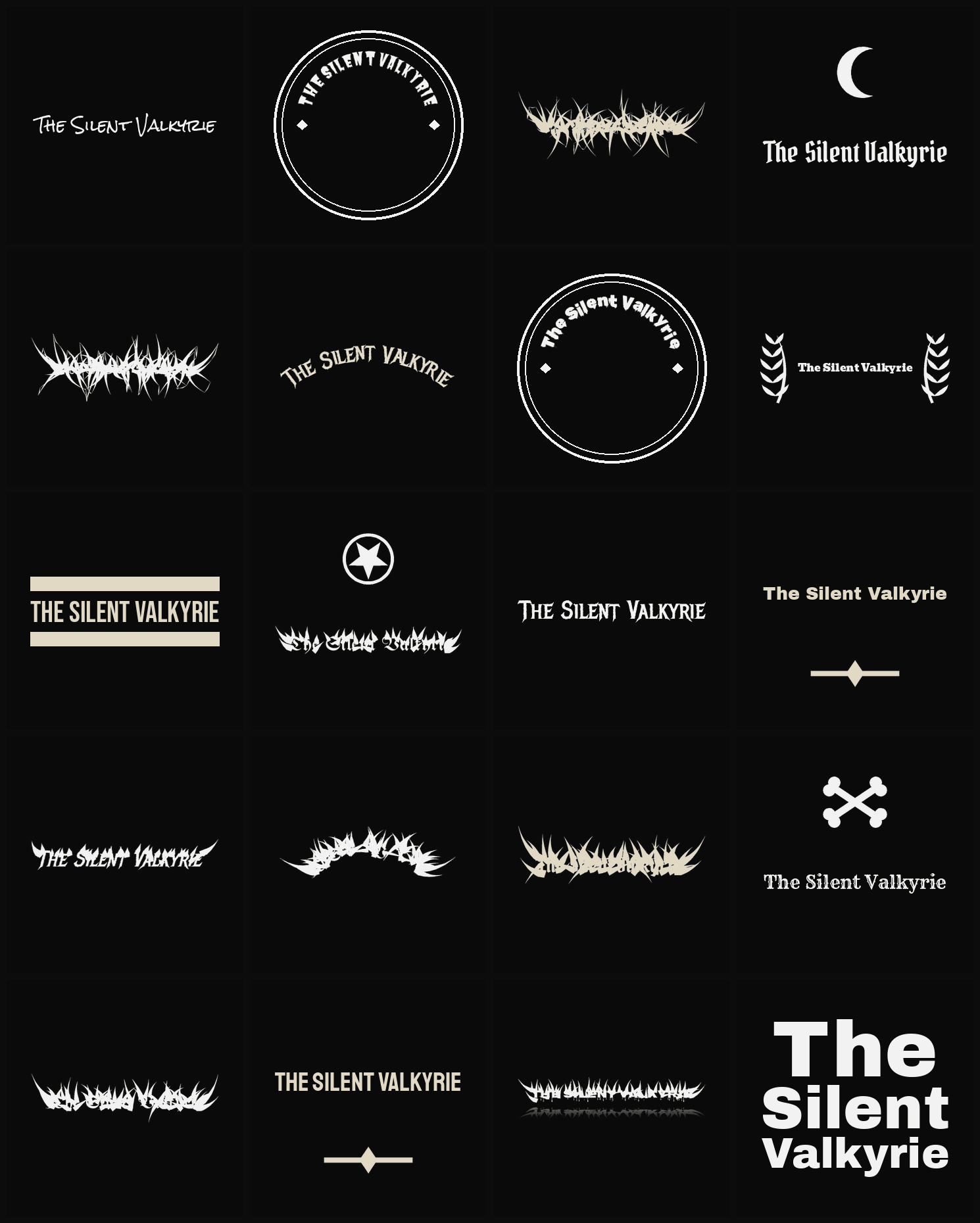 Twenty The Silent Valkyrie band logo ideas — different faces, treatments and spike settings