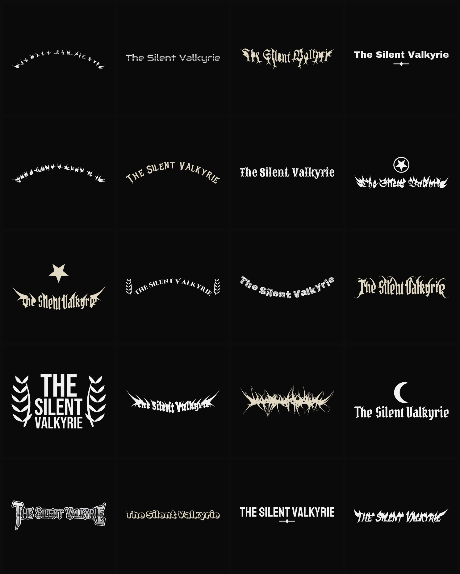 Twenty The Silent Valkyrie band logo ideas — different faces, treatments and spike settings