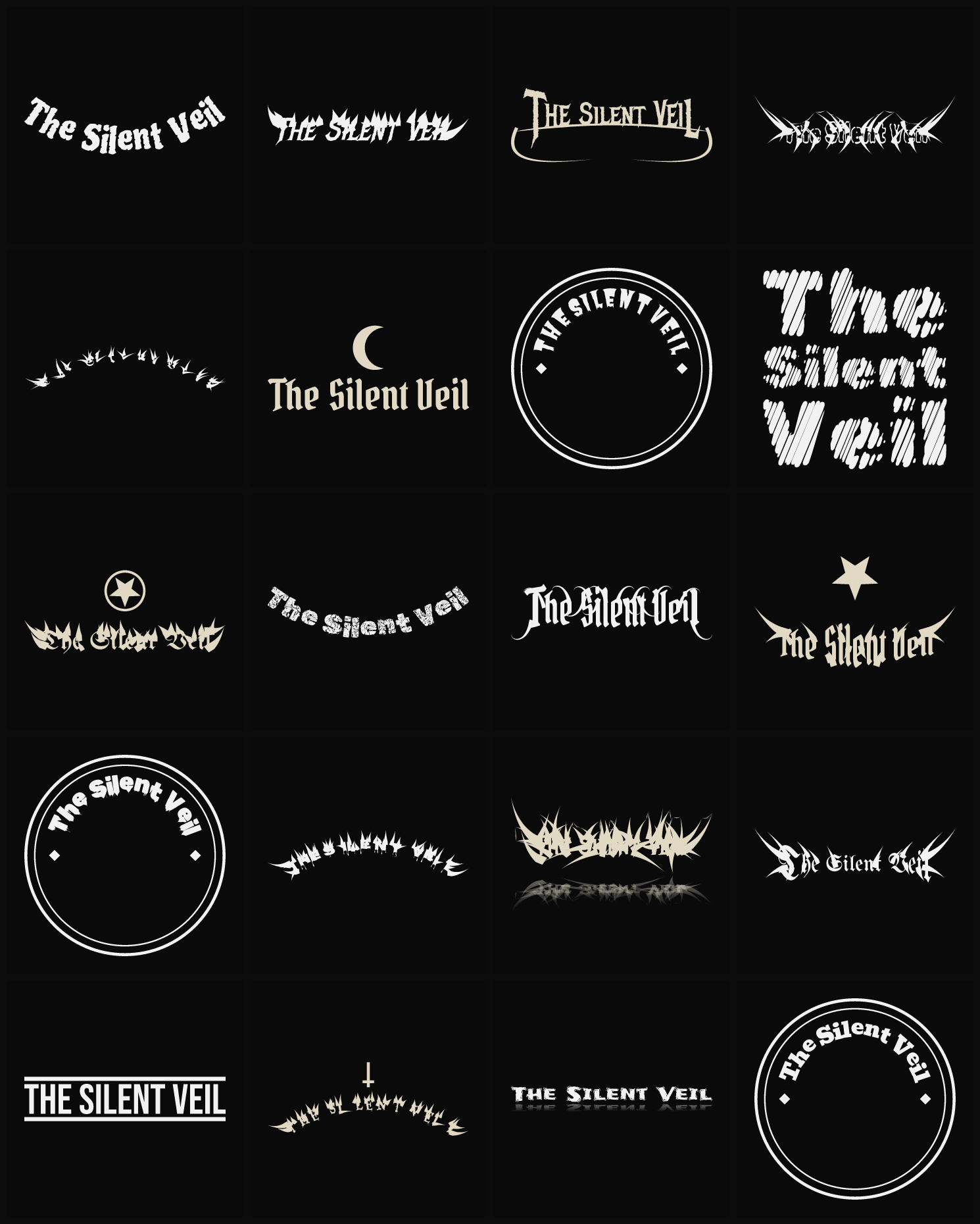 Twenty The Silent Veil band logo ideas — different faces, treatments and spike settings