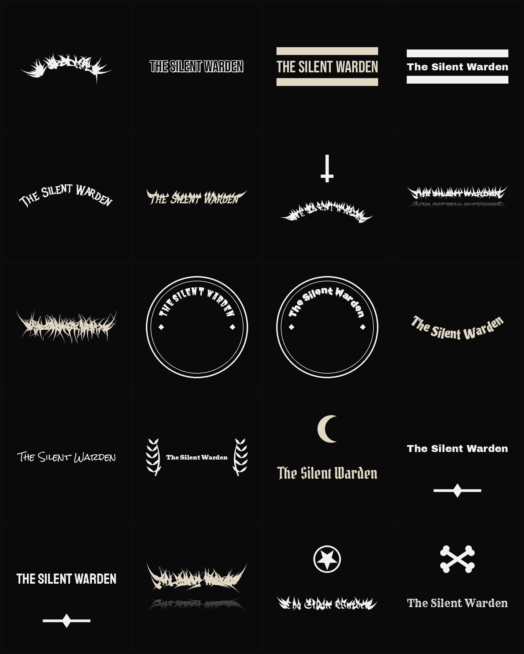Twenty The Silent Warden band logo ideas — different faces, treatments and spike settings