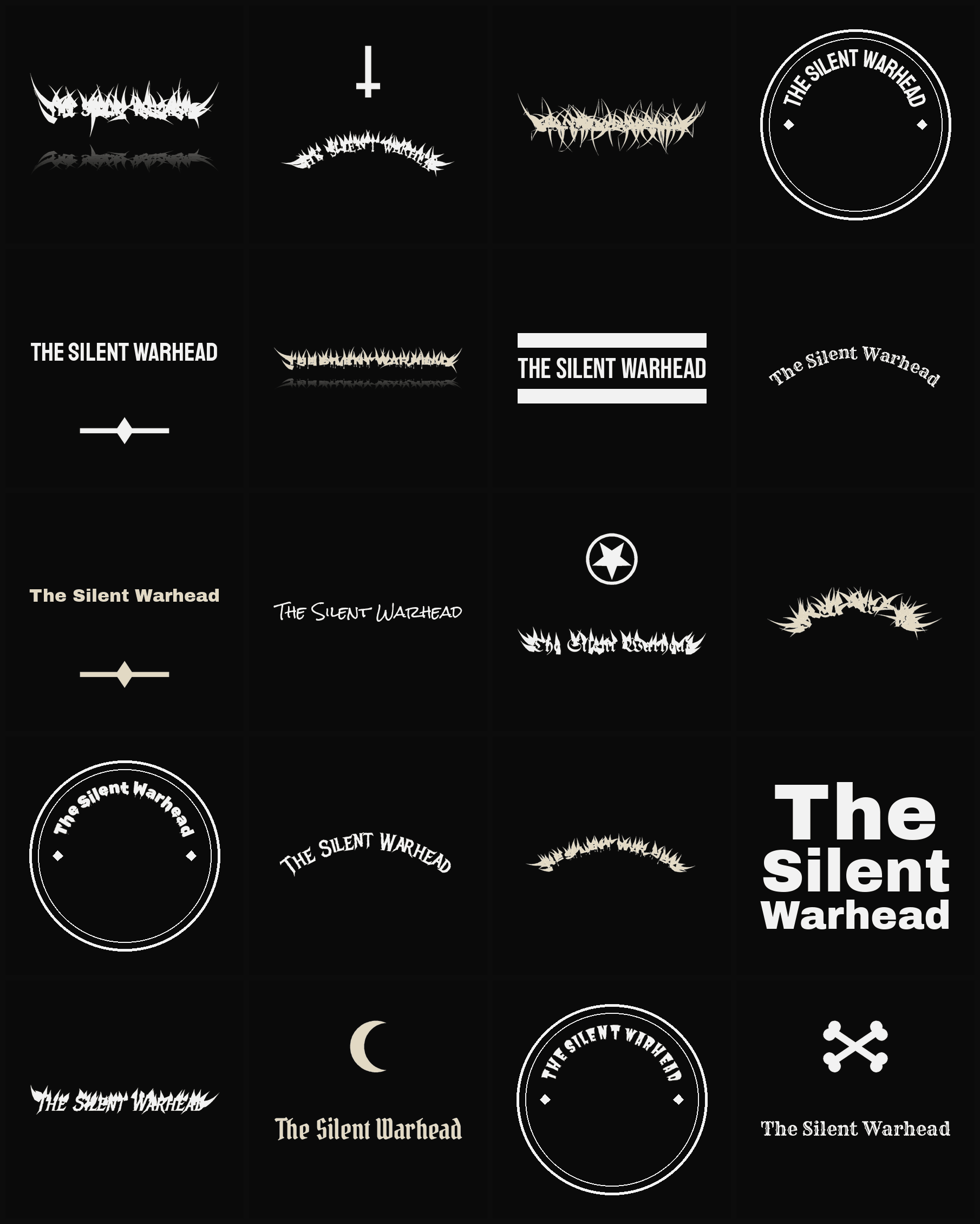 Twenty The Silent Warhead band logo ideas — different faces, treatments and spike settings