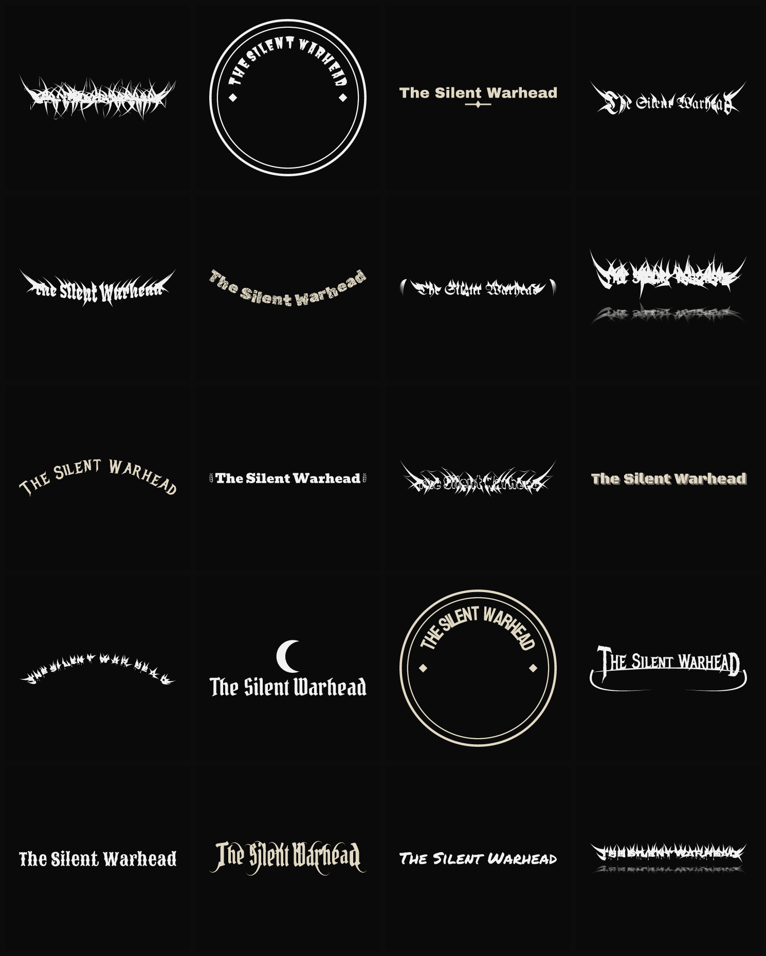 Twenty The Silent Warhead band logo ideas — different faces, treatments and spike settings